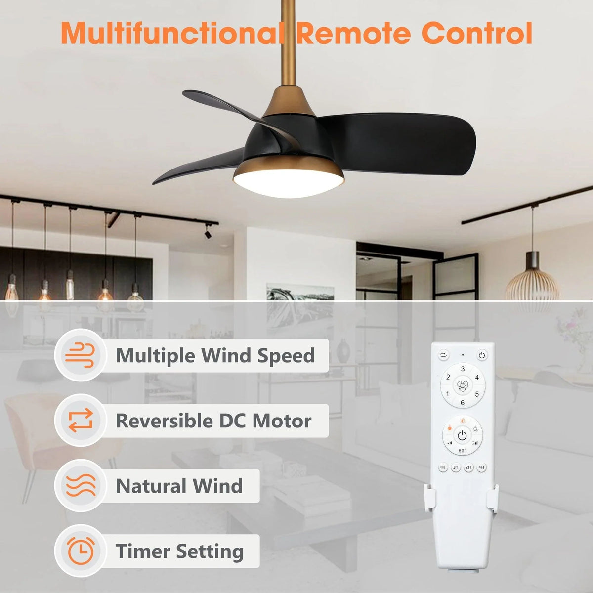 Ceiling fan with black blades and LED light with included remote control