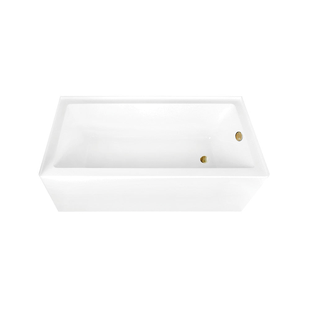 Rectangular acrylic alcove bathtub, glossy white, with two brass drain/overflow fittings