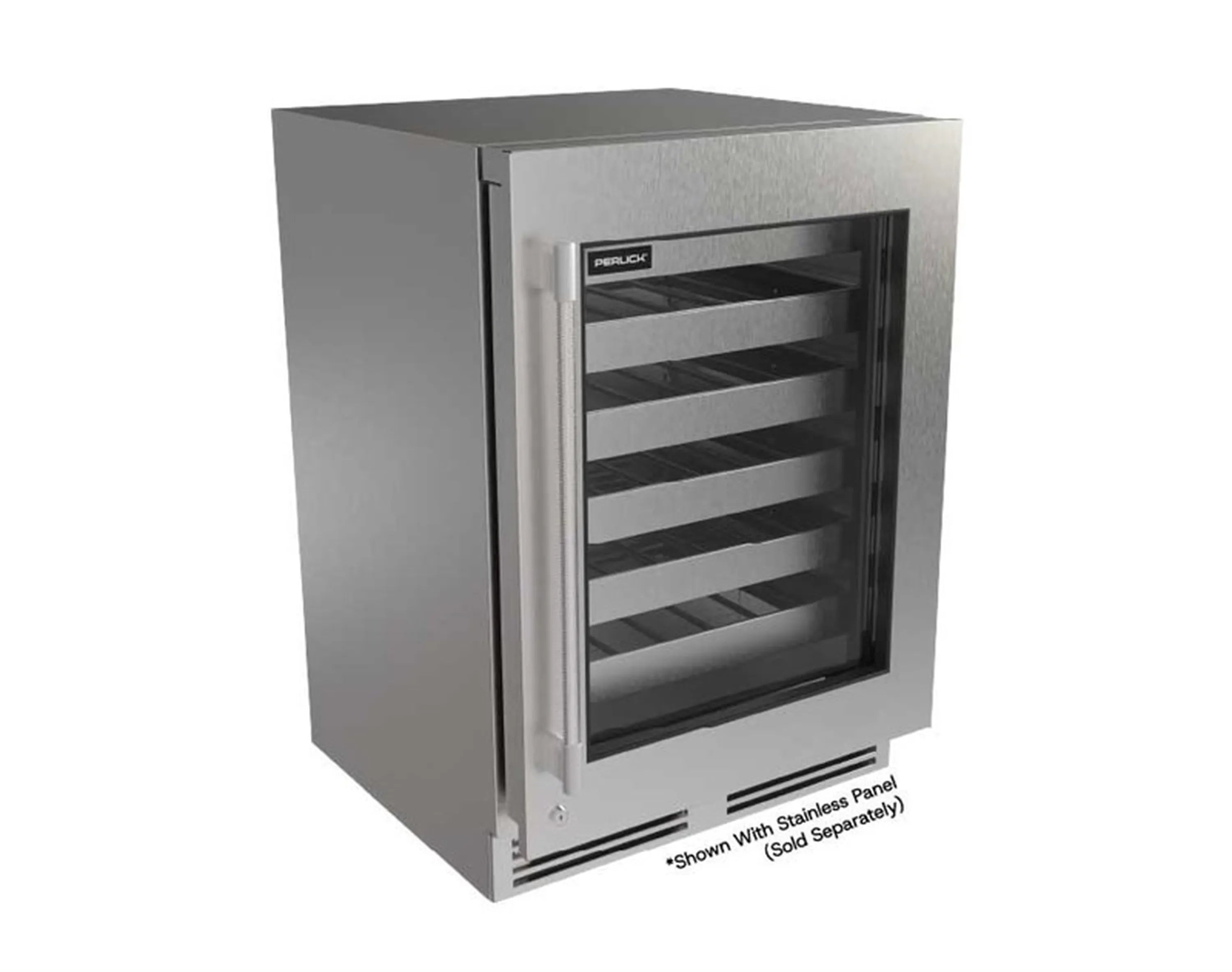Stainless 24-inch undercounter wine cooler with glass door and interior wine shelves