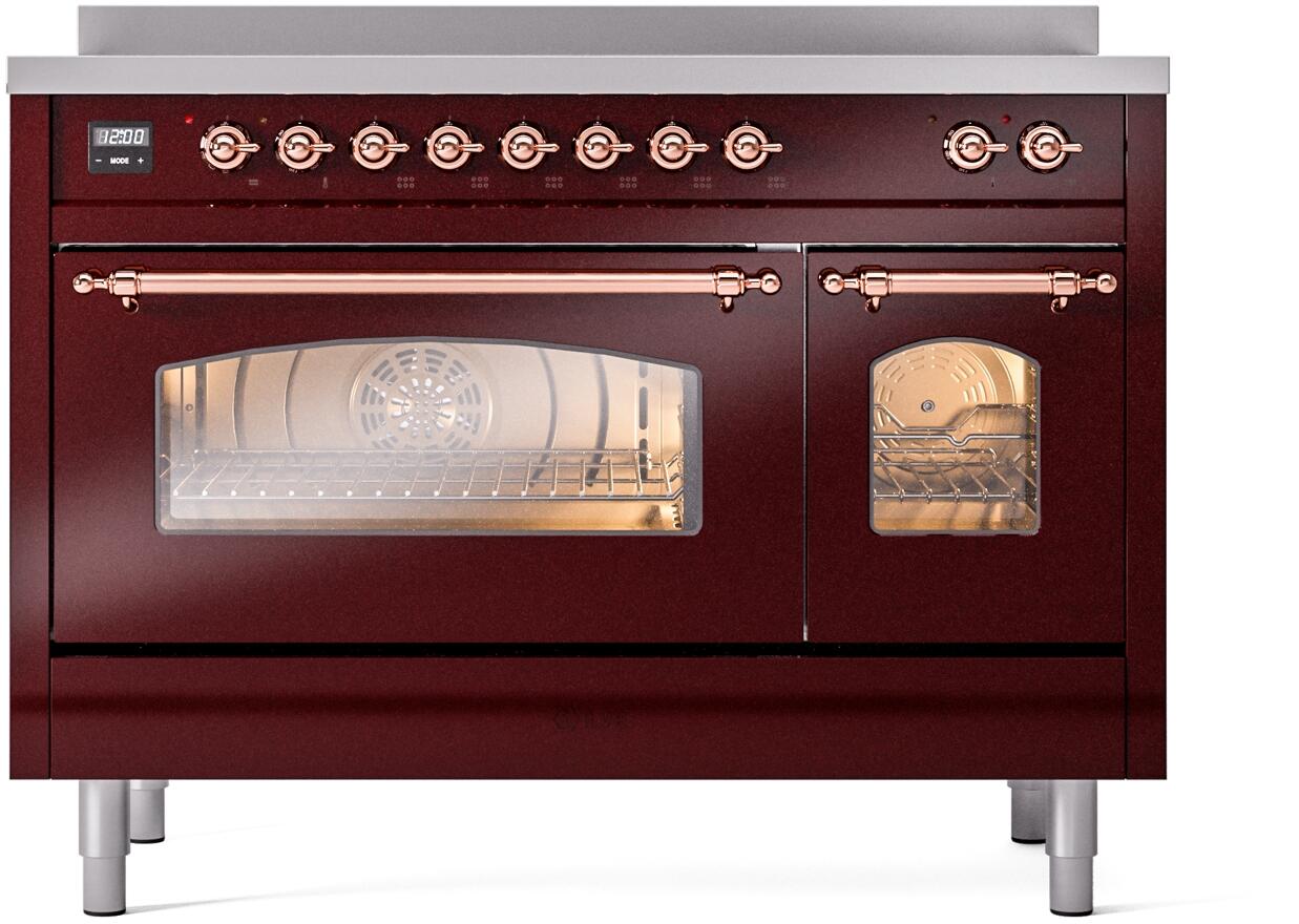 Freestanding electric induction range, burgundy finish with copper trim, front view