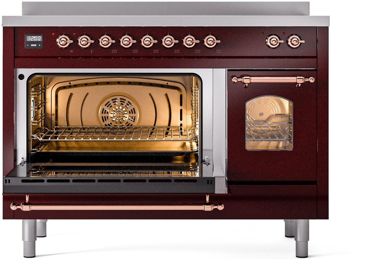 Freestanding electric induction range, oven door open with interior lighting, burgundy