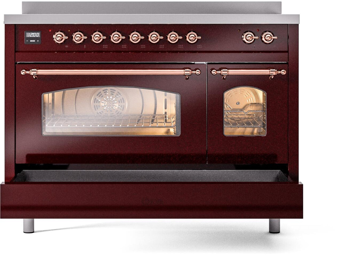Freestanding electric induction range, oven opening view, burgundy front with copper bars