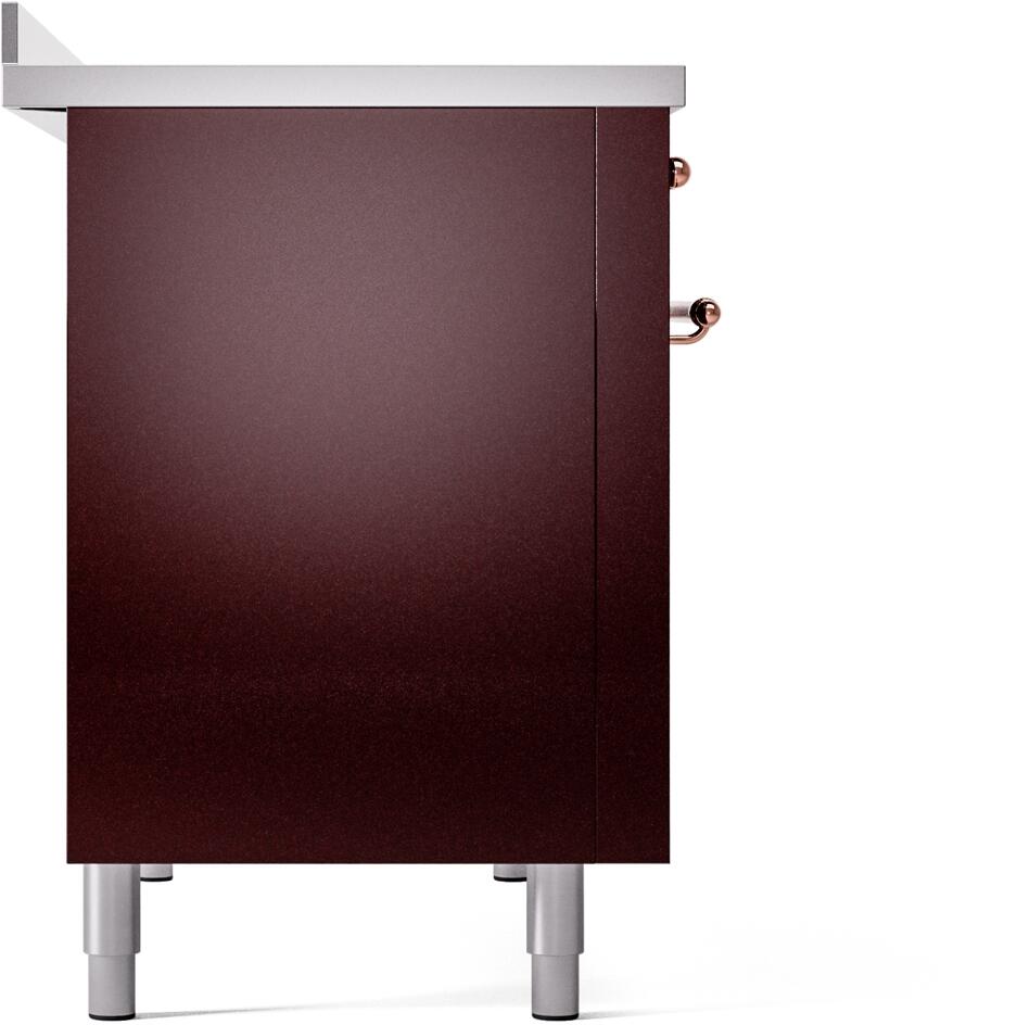 Freestanding induction range side panel in burgundy with silver leveling feet