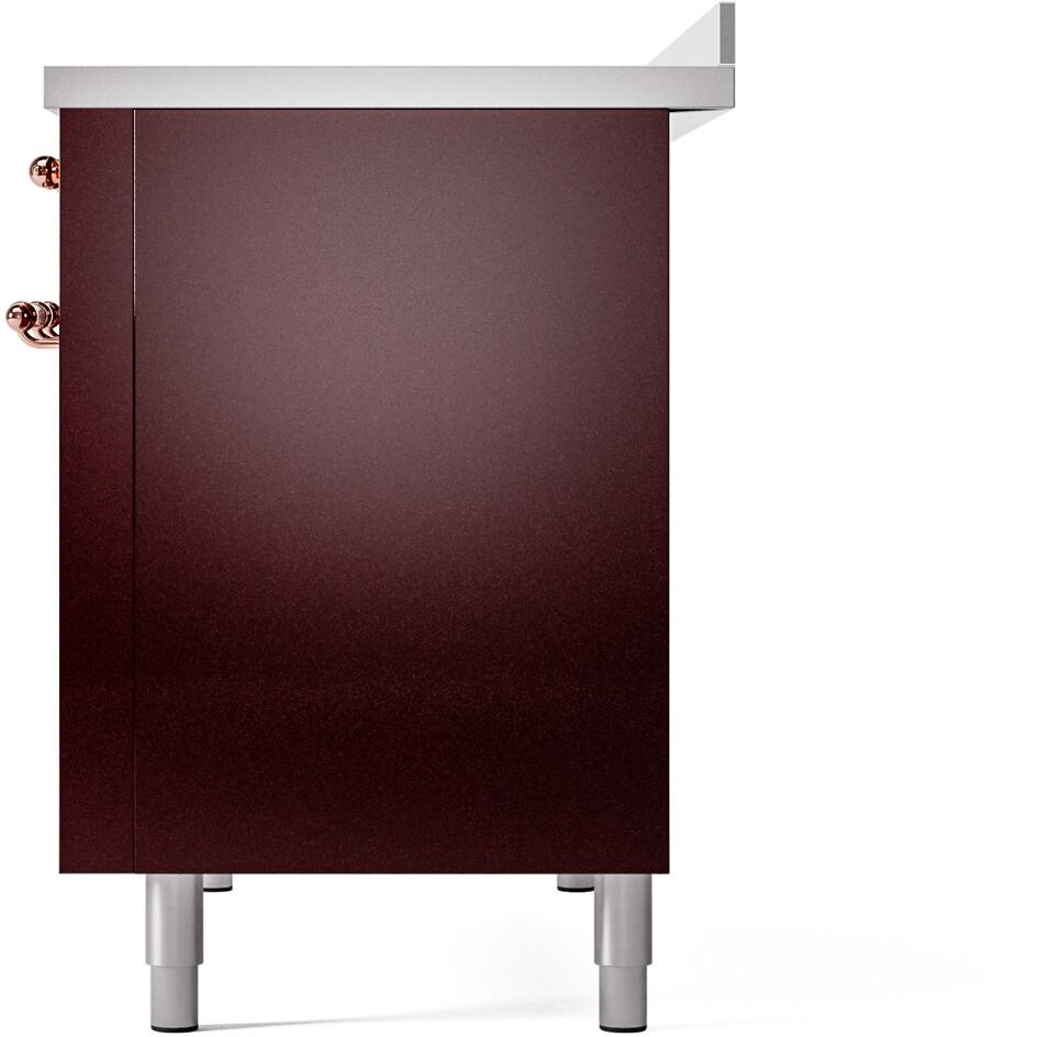 Freestanding induction range rear corner, burgundy side panel with copper hardware