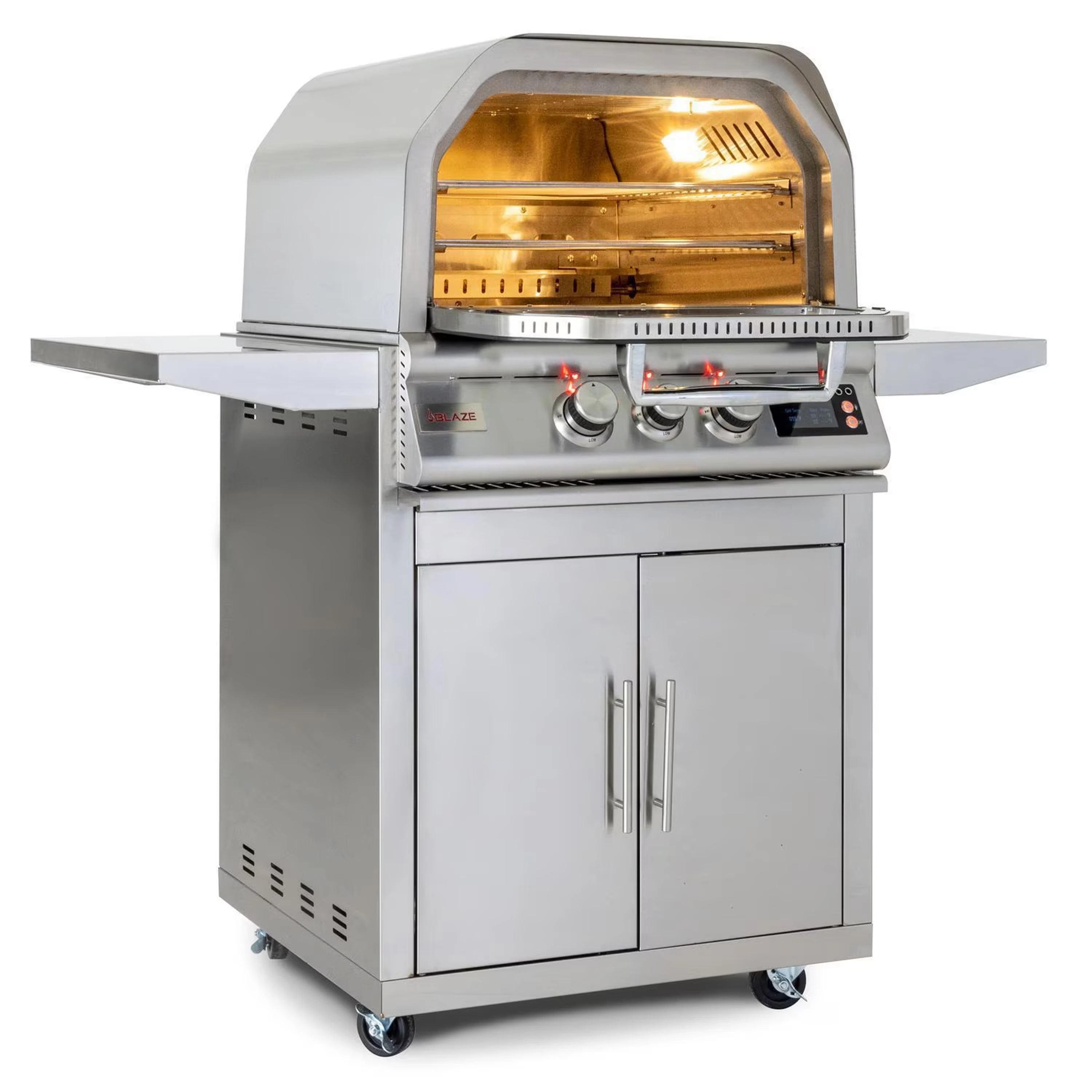 Blaze 26-inch outdoor gas pizza oven on a wheeled cart with front control knobs