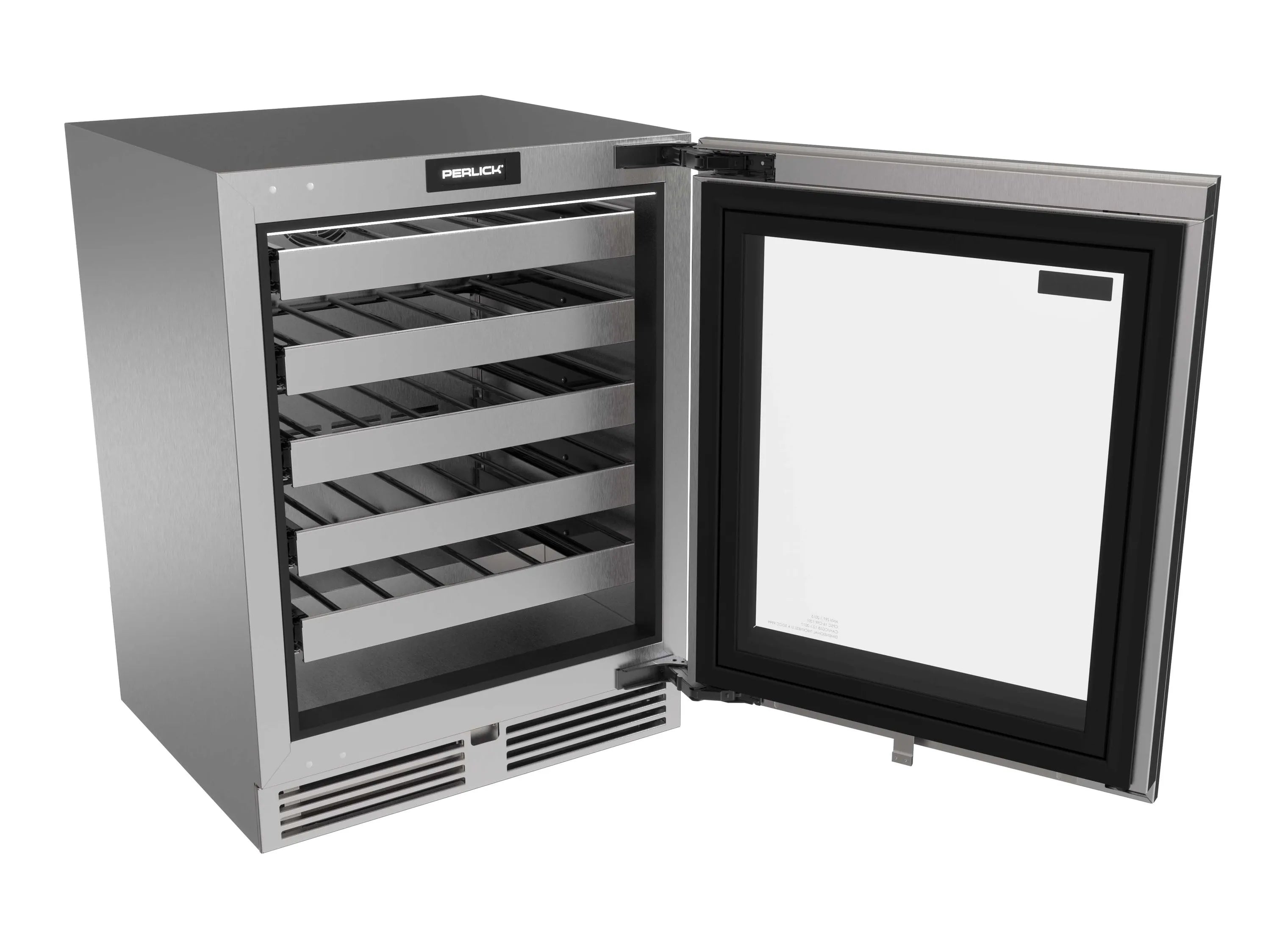 Undercounter wine cooler open door showing interior racks behind glass
