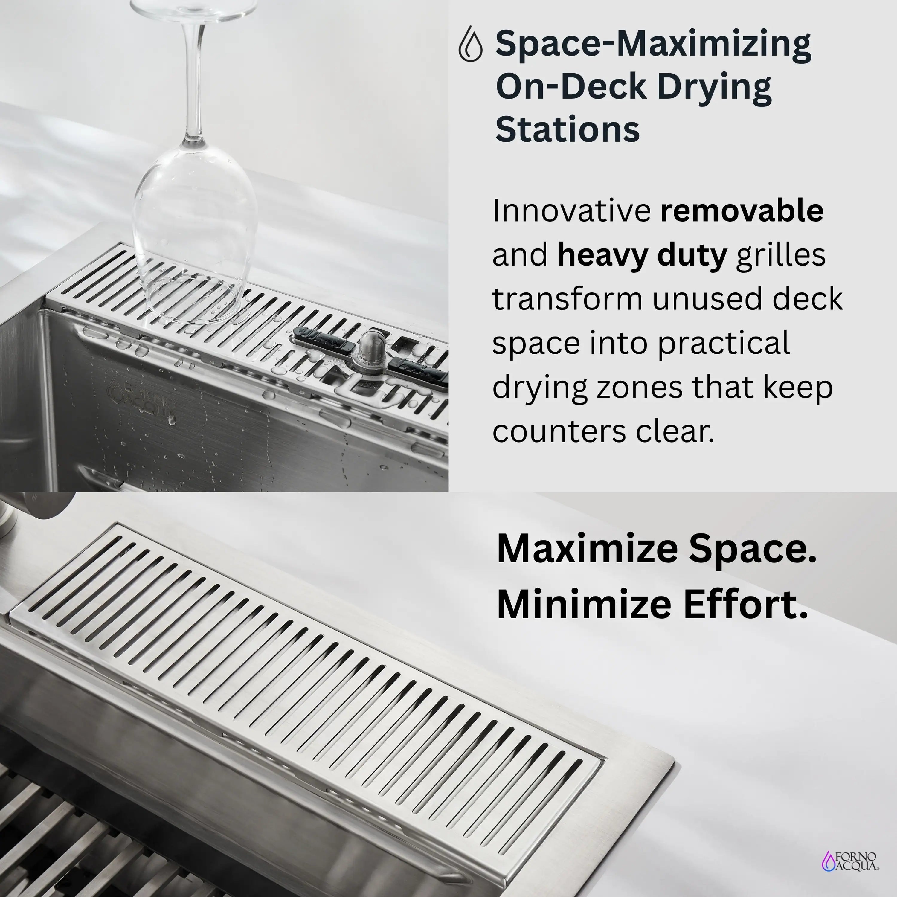 Stainless steel on-deck drying stations with removable grate rails for dish drying
