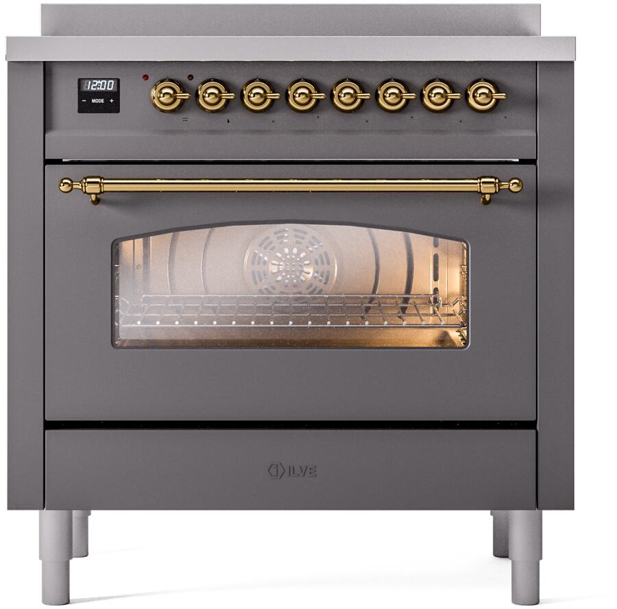 Matte graphite induction range with brass-trimmed oven door and large glass window