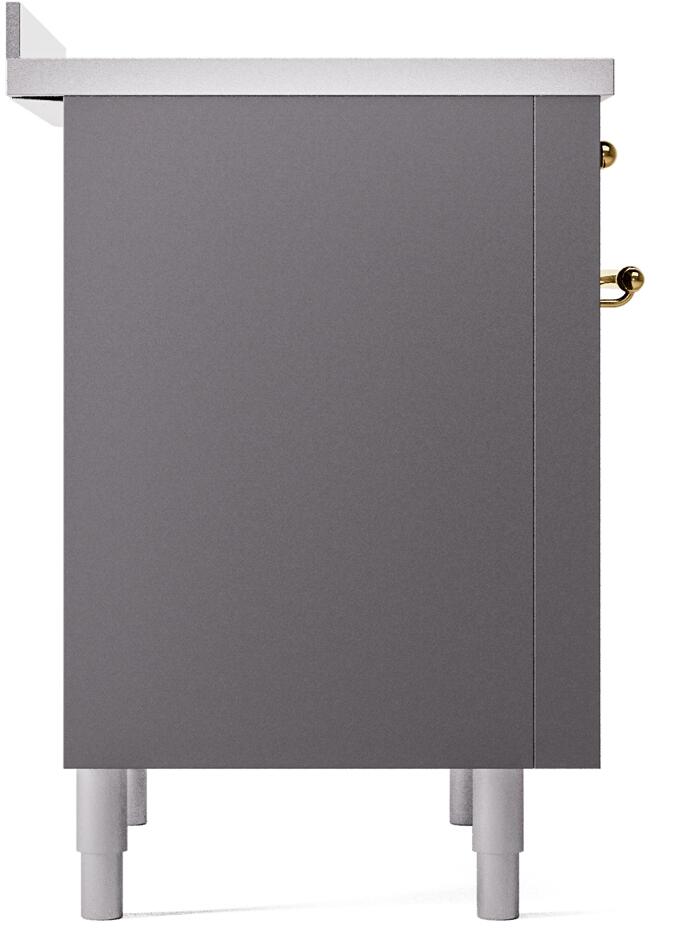 Matte graphite induction range side panel with white leveling feet