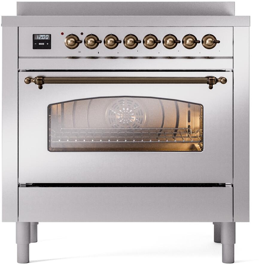 Freestanding electric induction range with stainless steel door and bronze-trim controls
