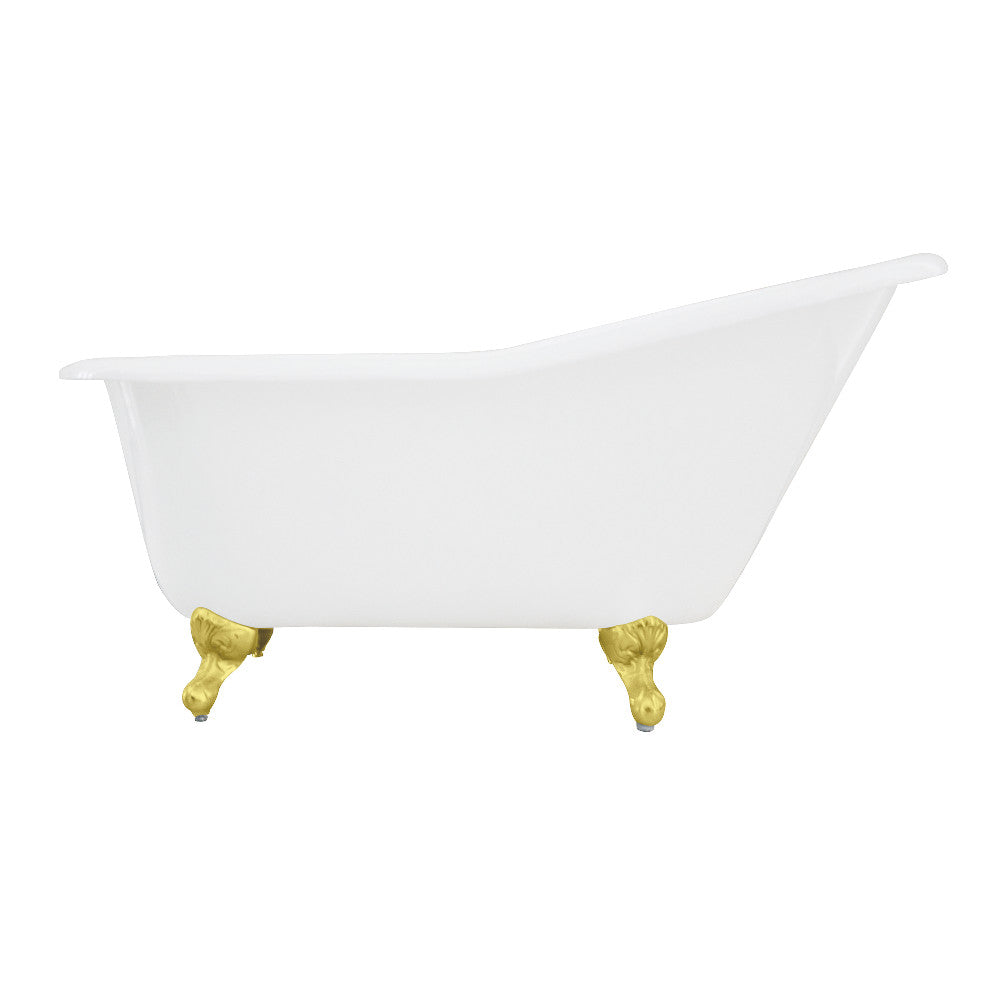 White cast iron oval slipper clawfoot tub with polished brass feet.