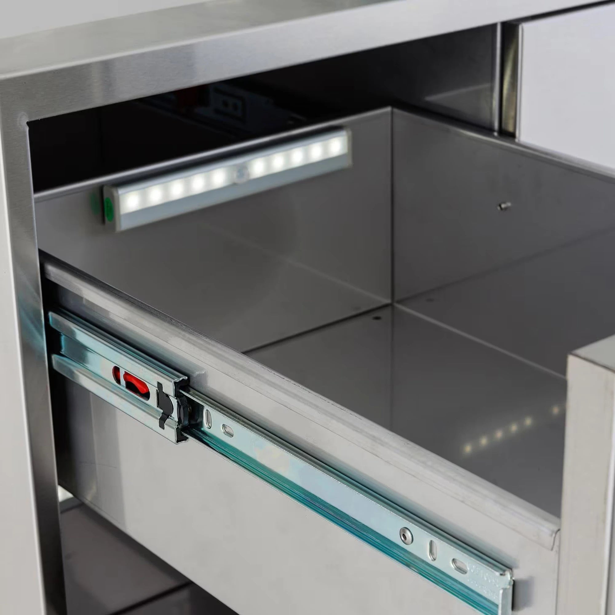 Stainless steel access door with open triple drawer, latch and extended rails