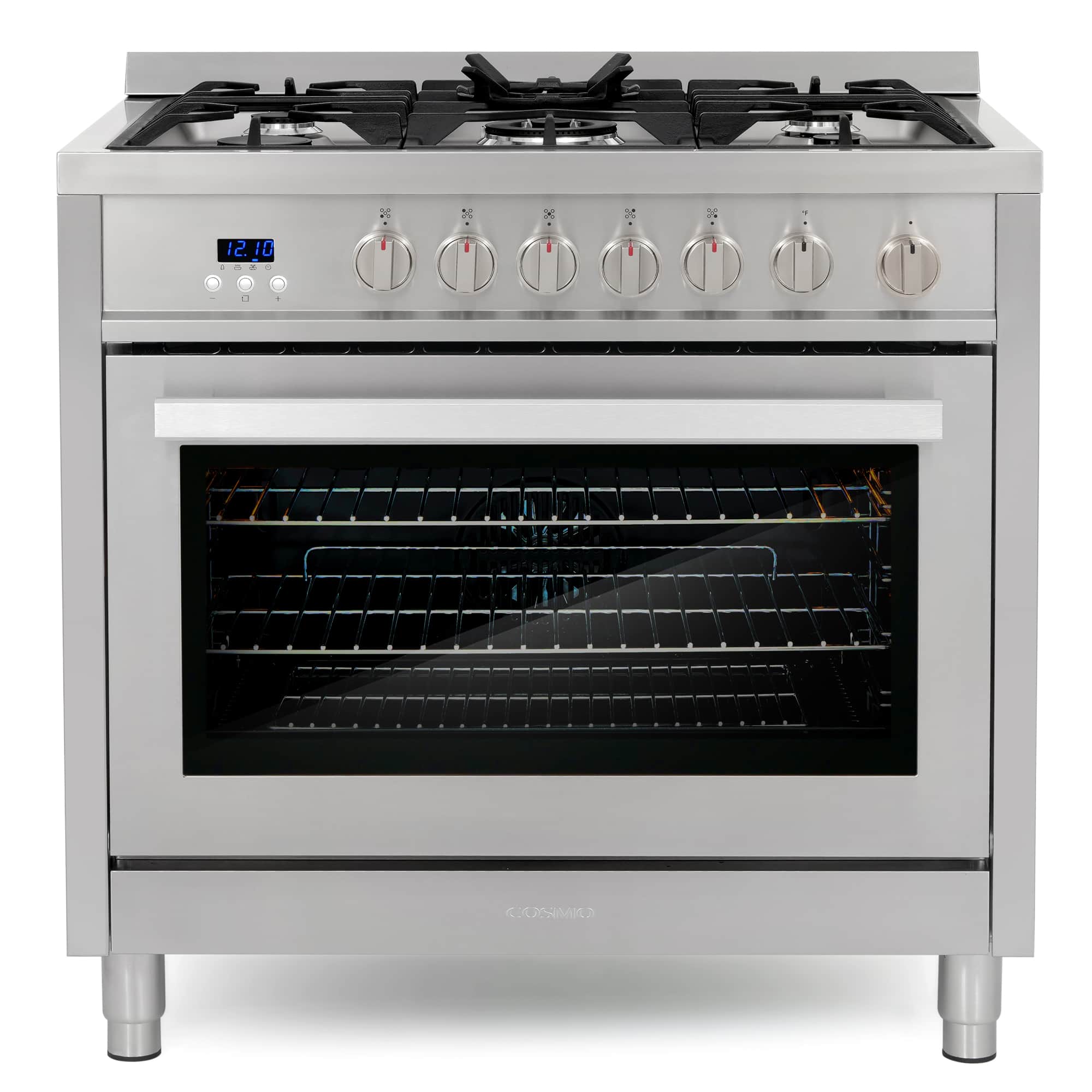 Stainless steel gas range with 5-burner cooktop and open oven door