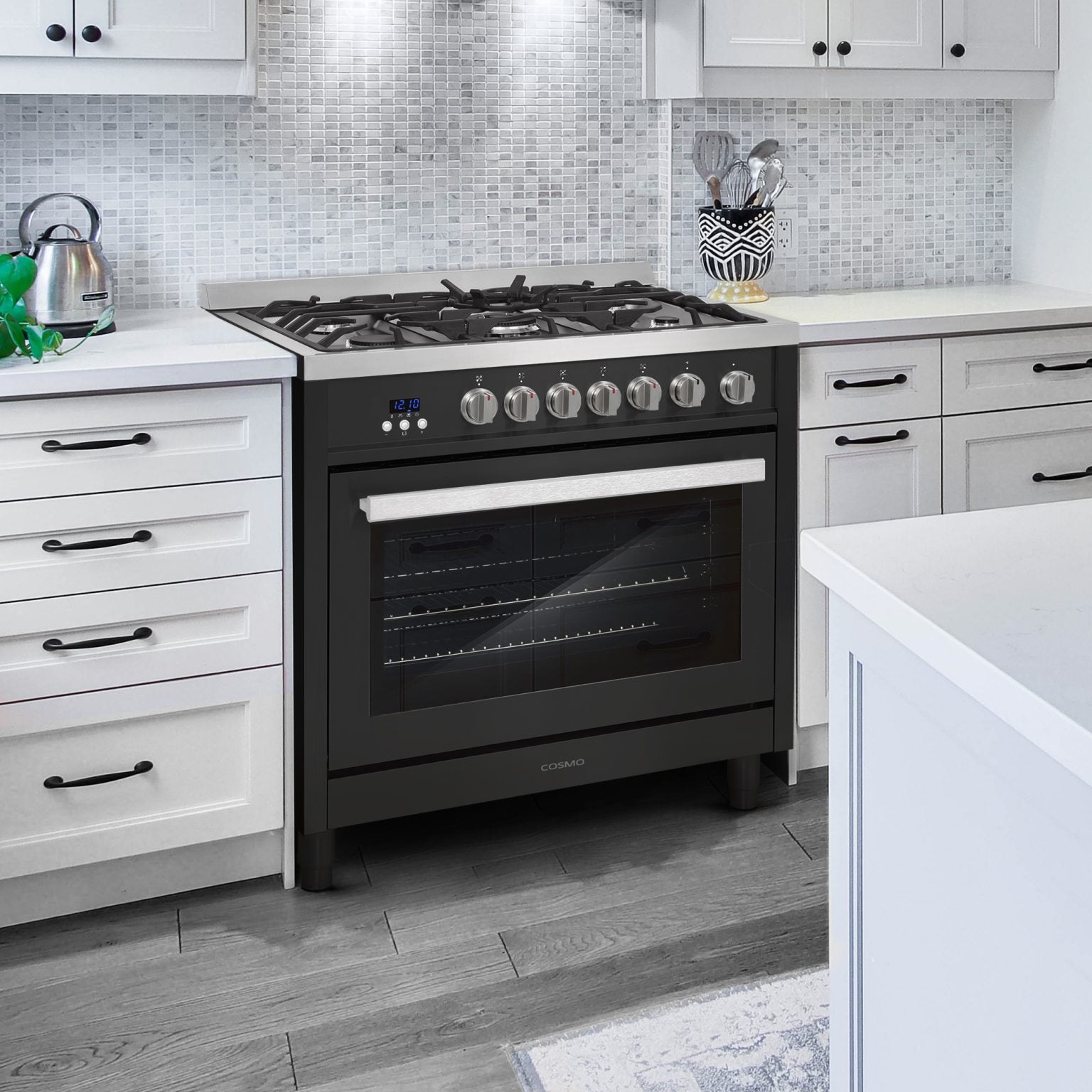Matte black gas range with 5 burners and convection oven, installed in a home kitchen