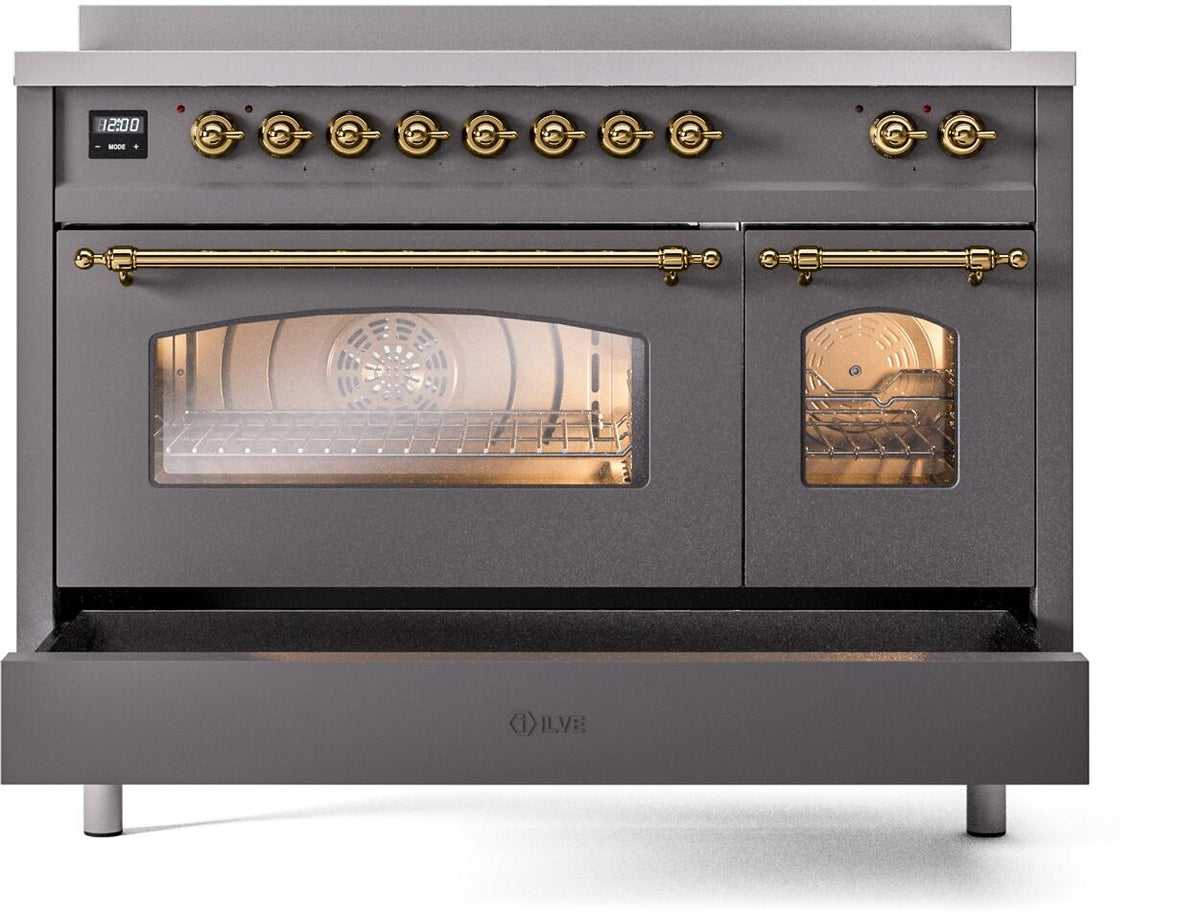 Matte graphite oven door closed with brass control knobs and windowed oven view.