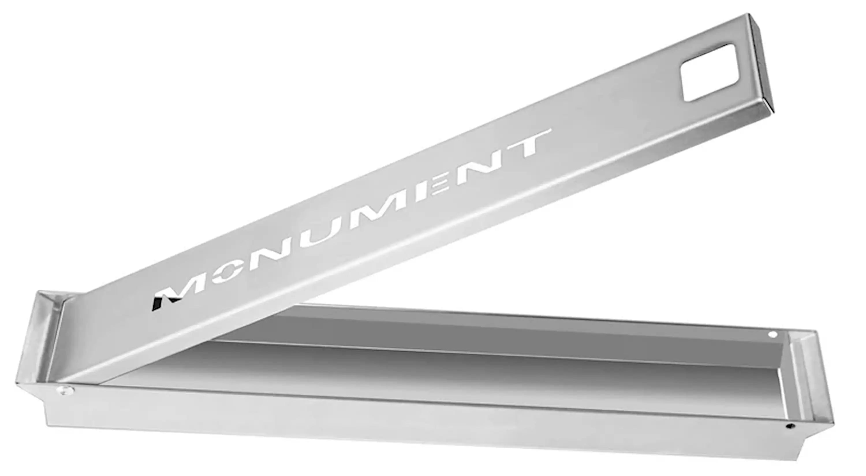 Stainless steel Monument smoker box with rectangular carry handle and open channel
