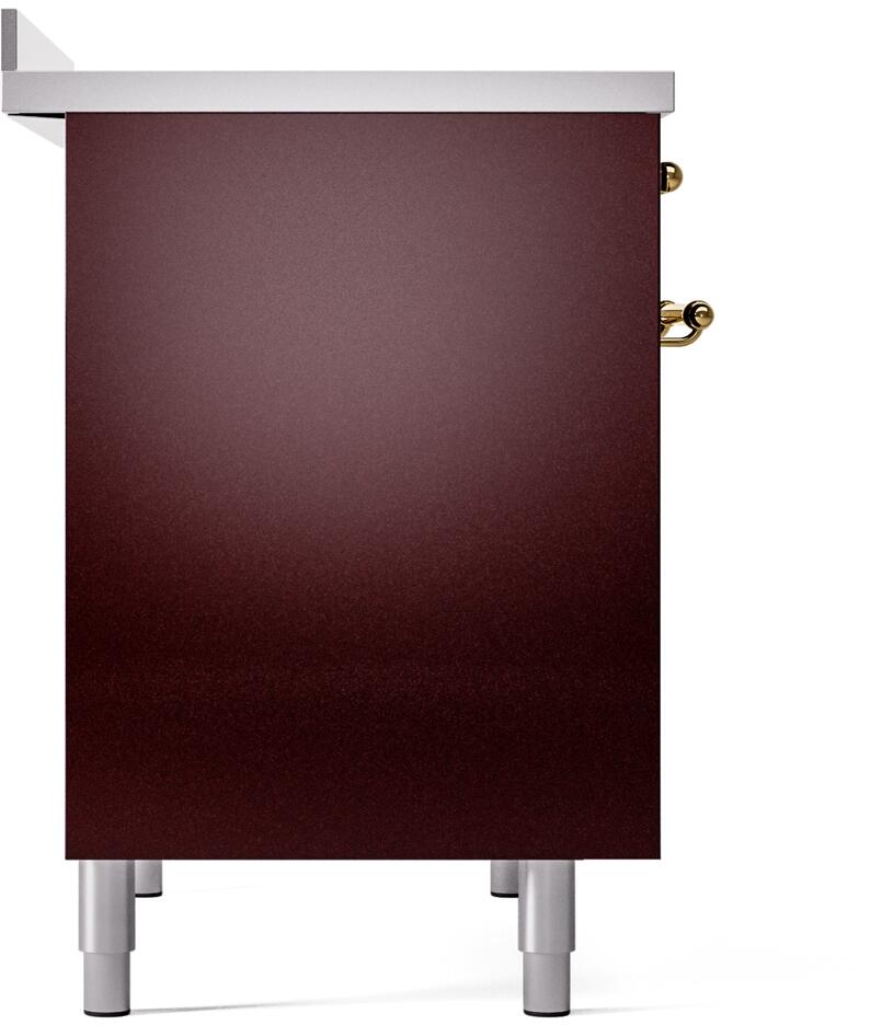 Burgundy side panel of an electric induction range with raised brass handle