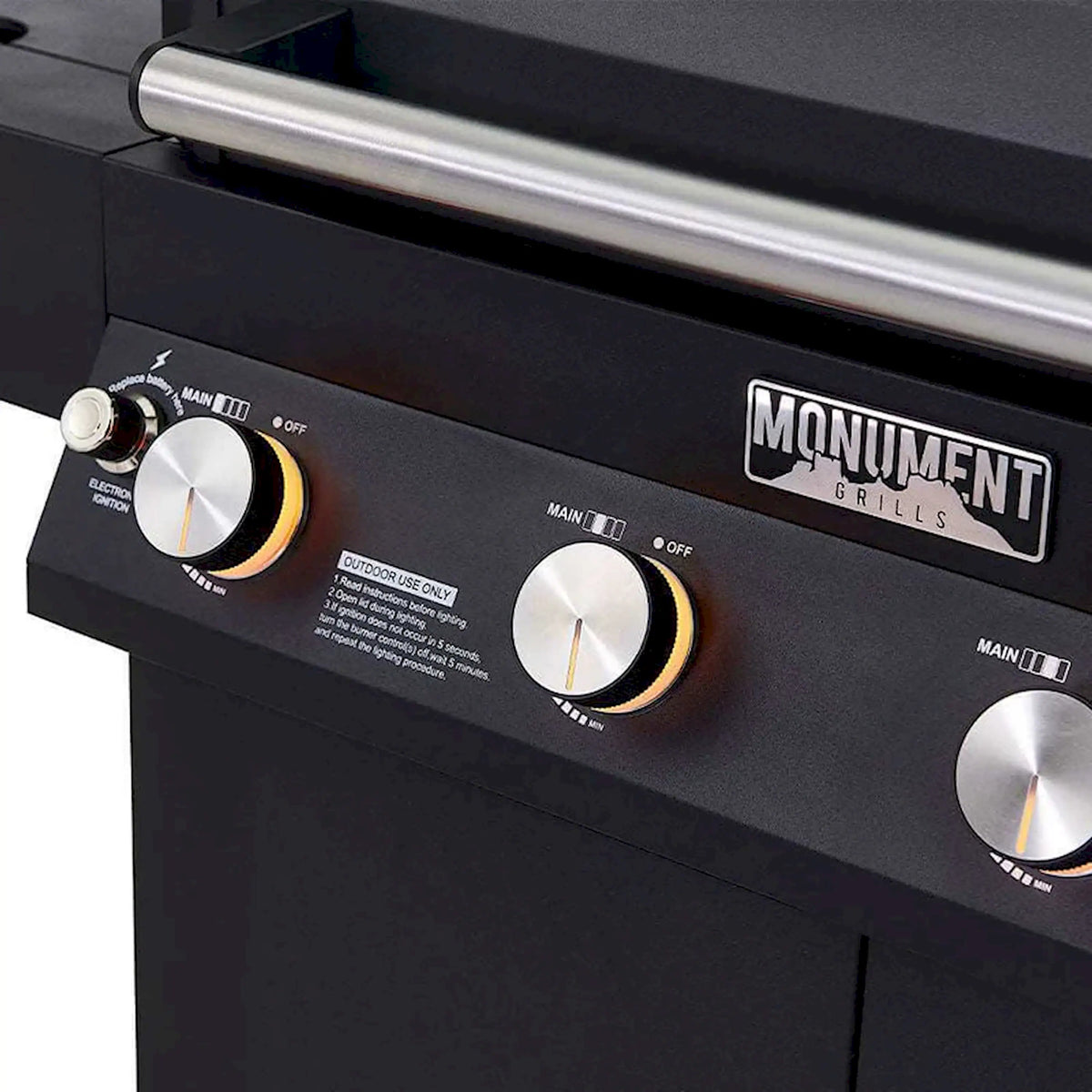 Black Monument Grills control panel with three round burner knobs