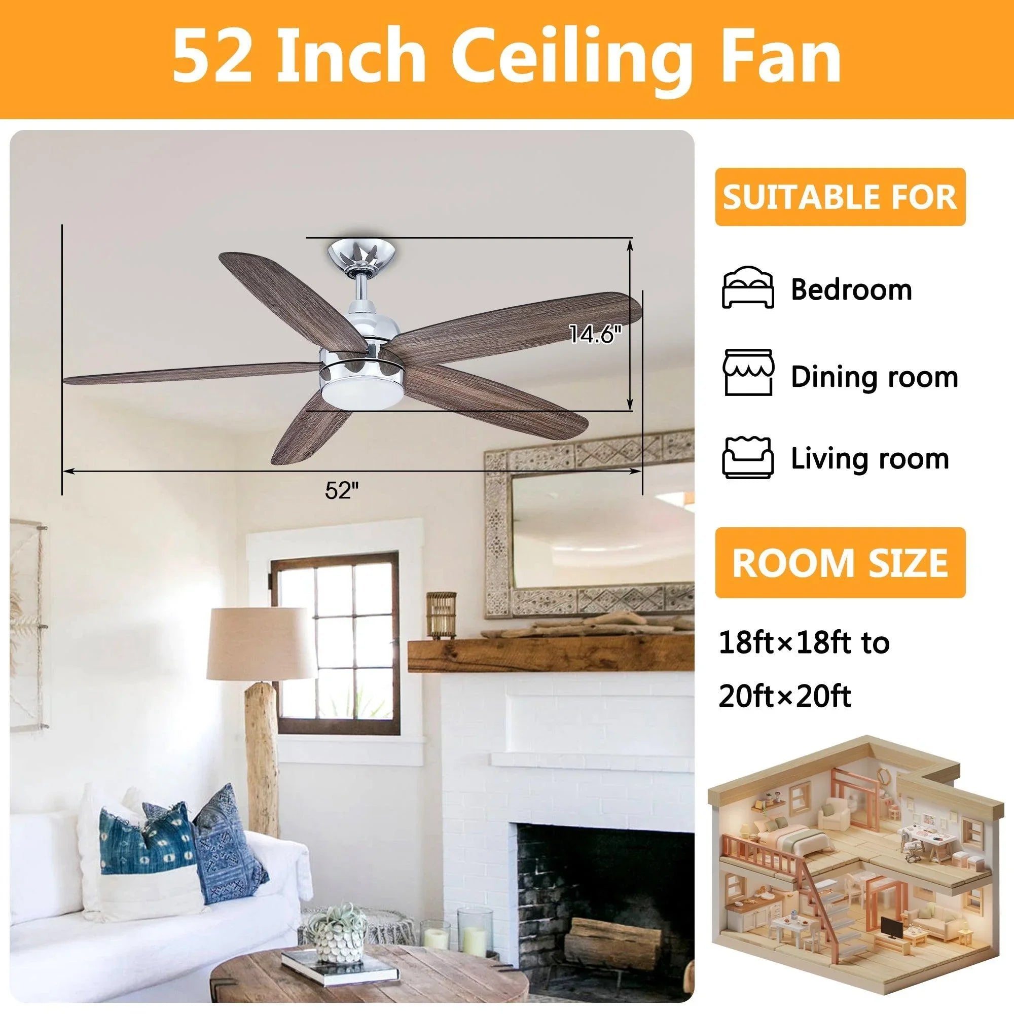 52-inch chrome ceiling fan with dark wood blades and round illuminated light