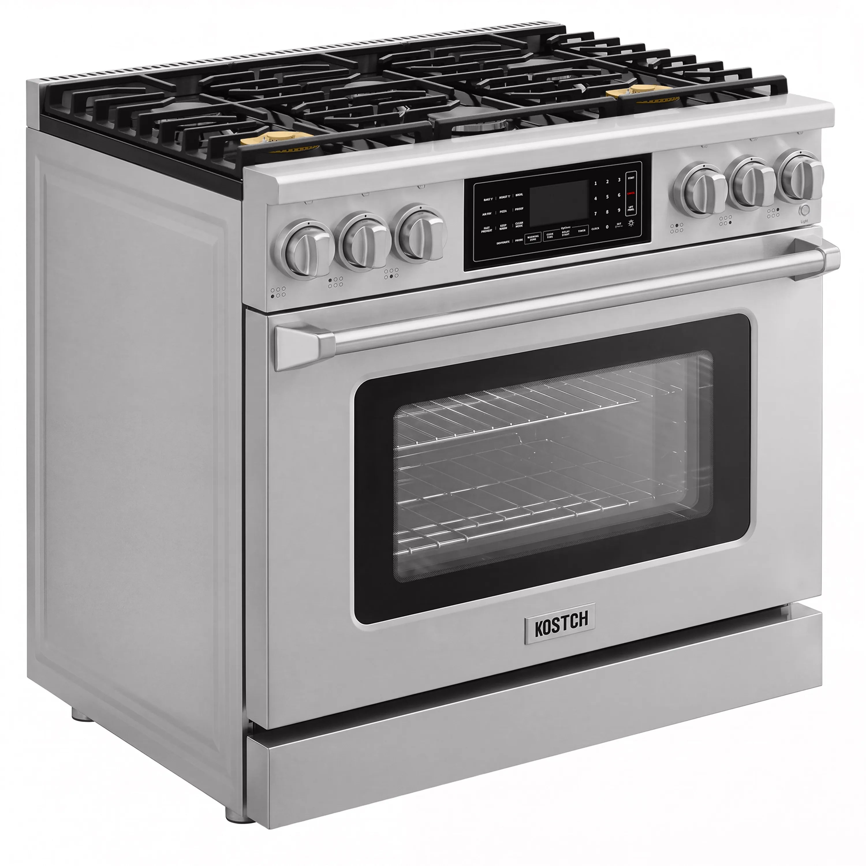 Stainless steel gas range with six burners and convection oven door