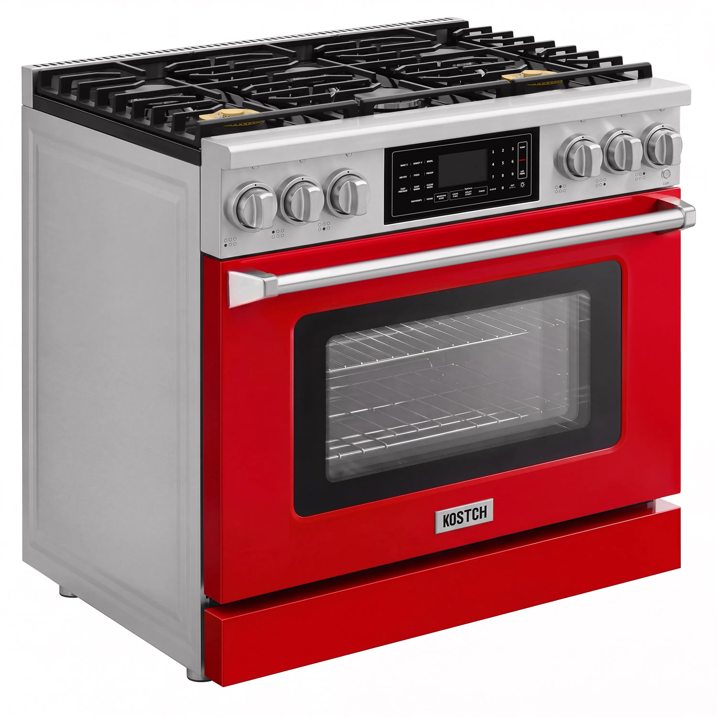 Red and stainless gas range with control panel, oven door window, and grates