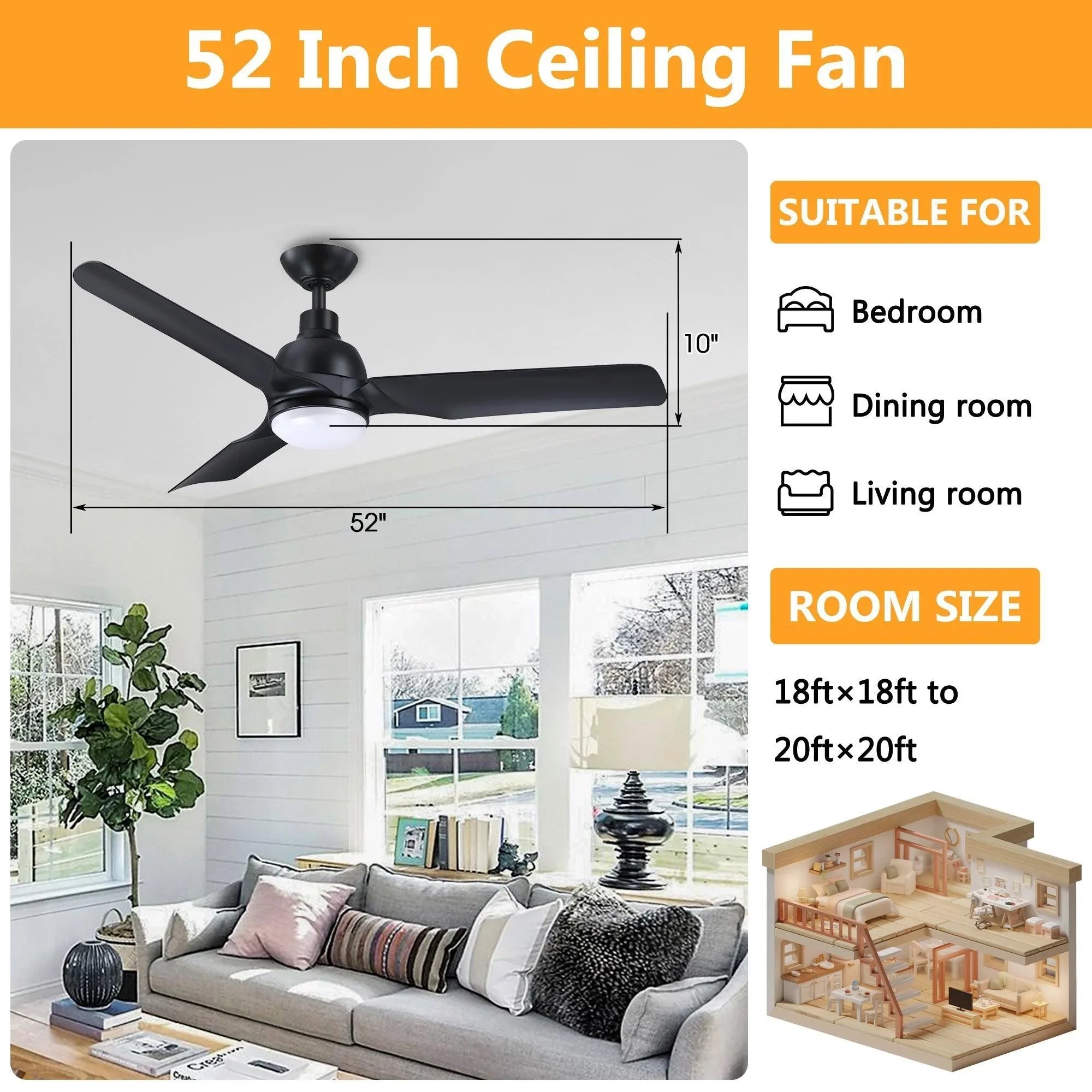 Black 52-inch ceiling fan with downrod mount and frosted LED light globe