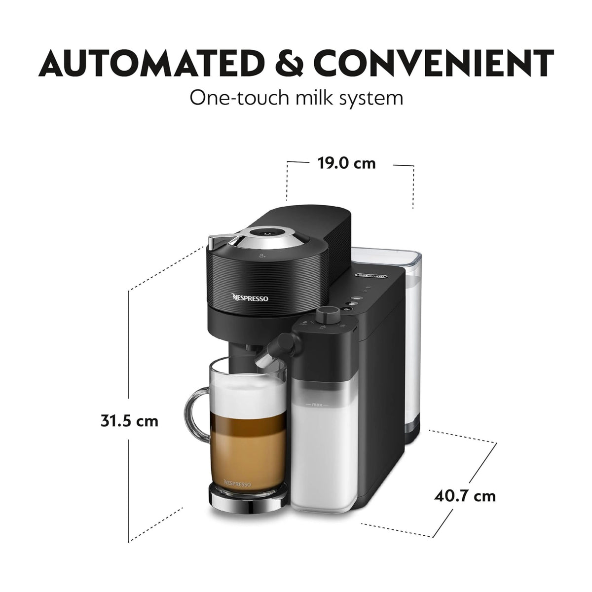 Black Nespresso coffee machine with milk frother and carafe on display