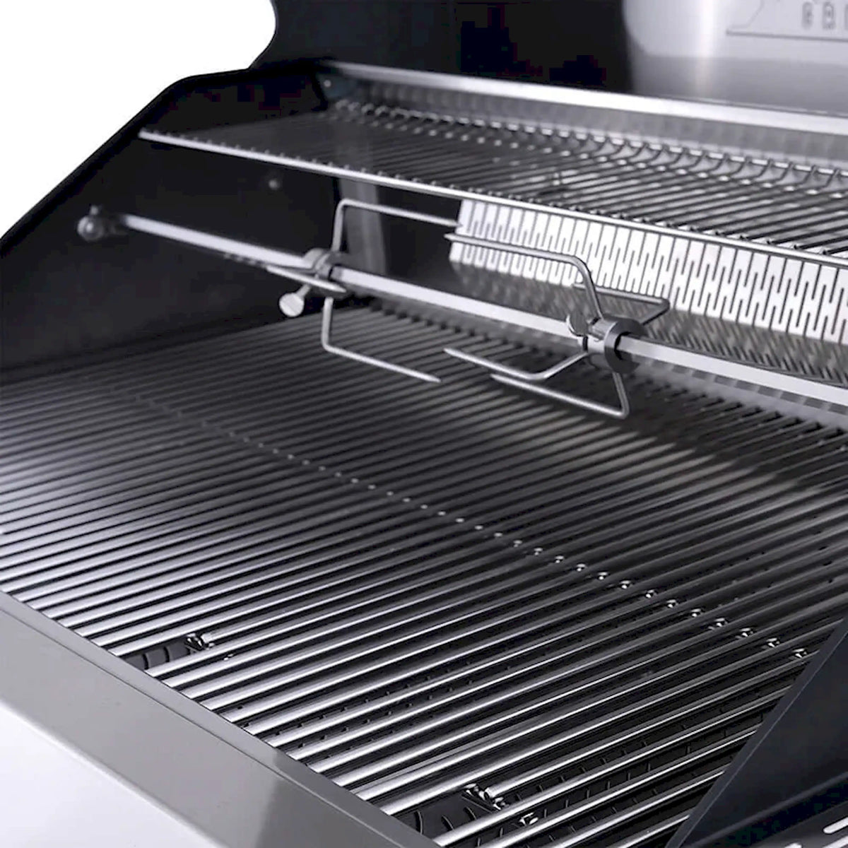 Stainless steel gas grill firebox with cast-iron style flavor bars and tools