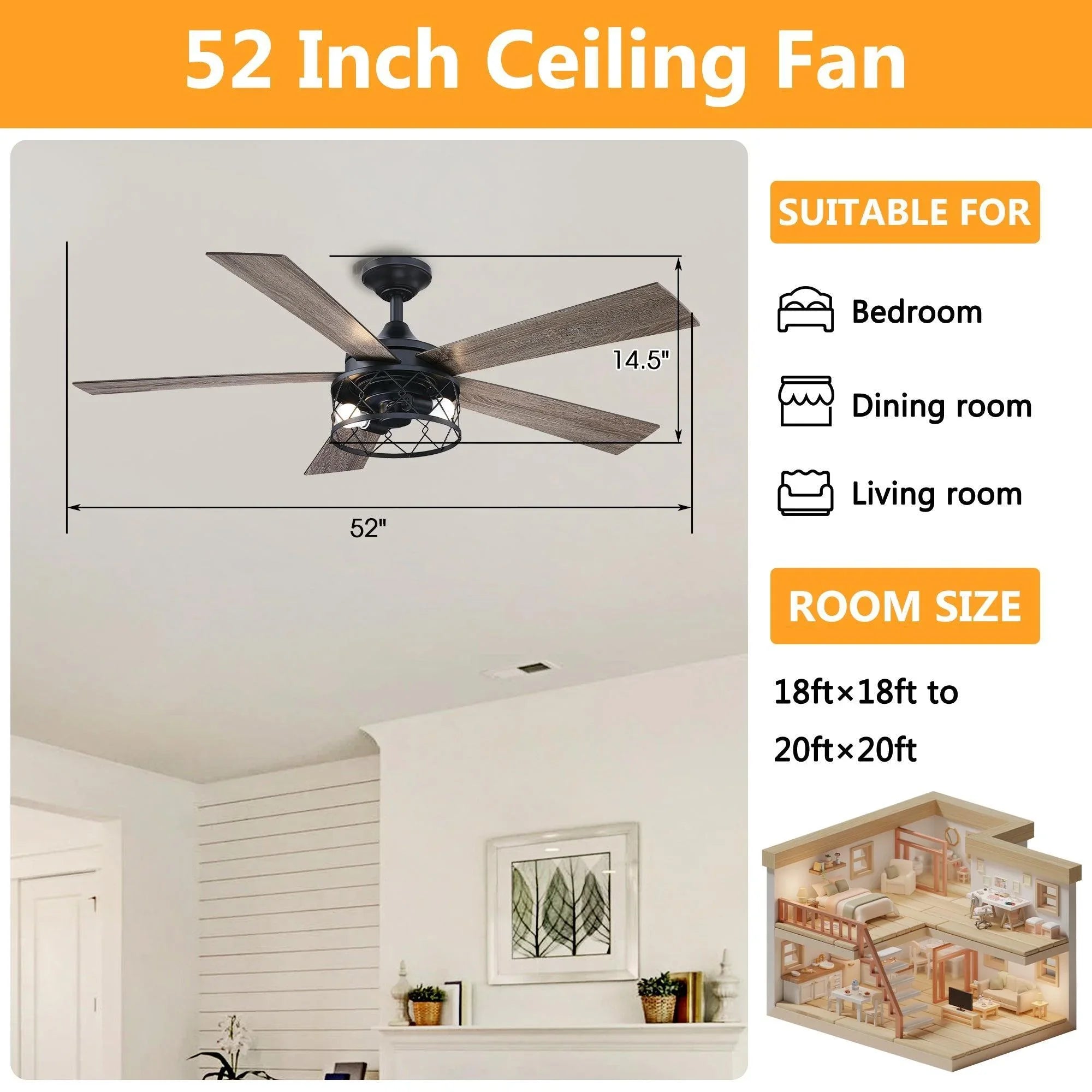 52-inch ceiling fan with black canopy, reversible wood blades, and lantern light kit