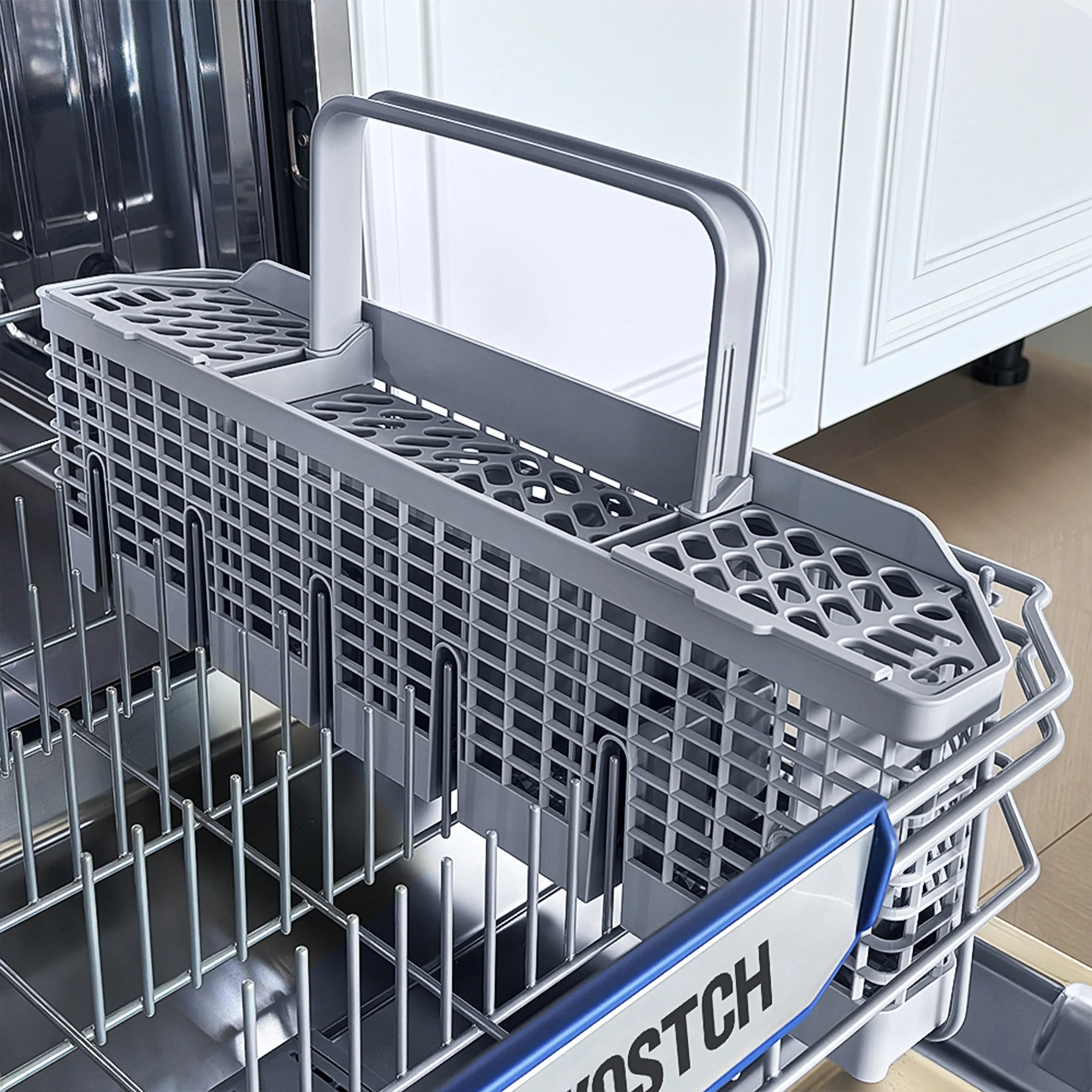 Upper rack and fold-down tray with gray supports and blue KOSTCH label