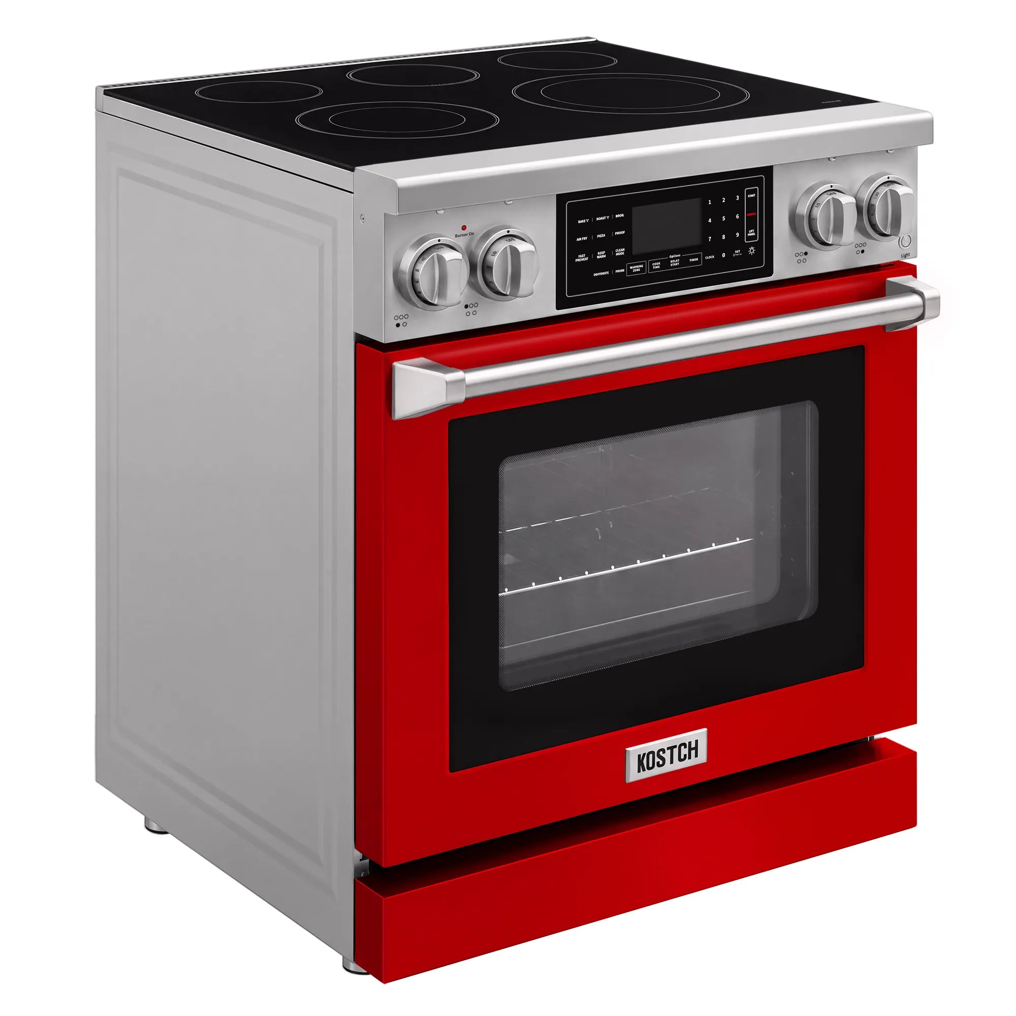 Red electric range with black glass cooktop, front control knobs, and touchscreen