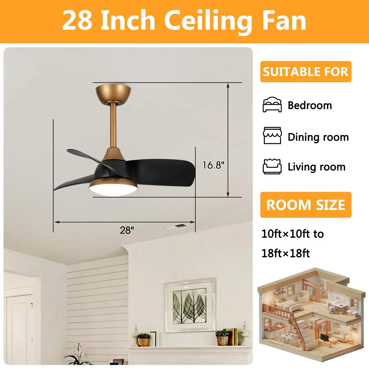 28-inch ceiling fan with black blades and LED light on a gold downrod