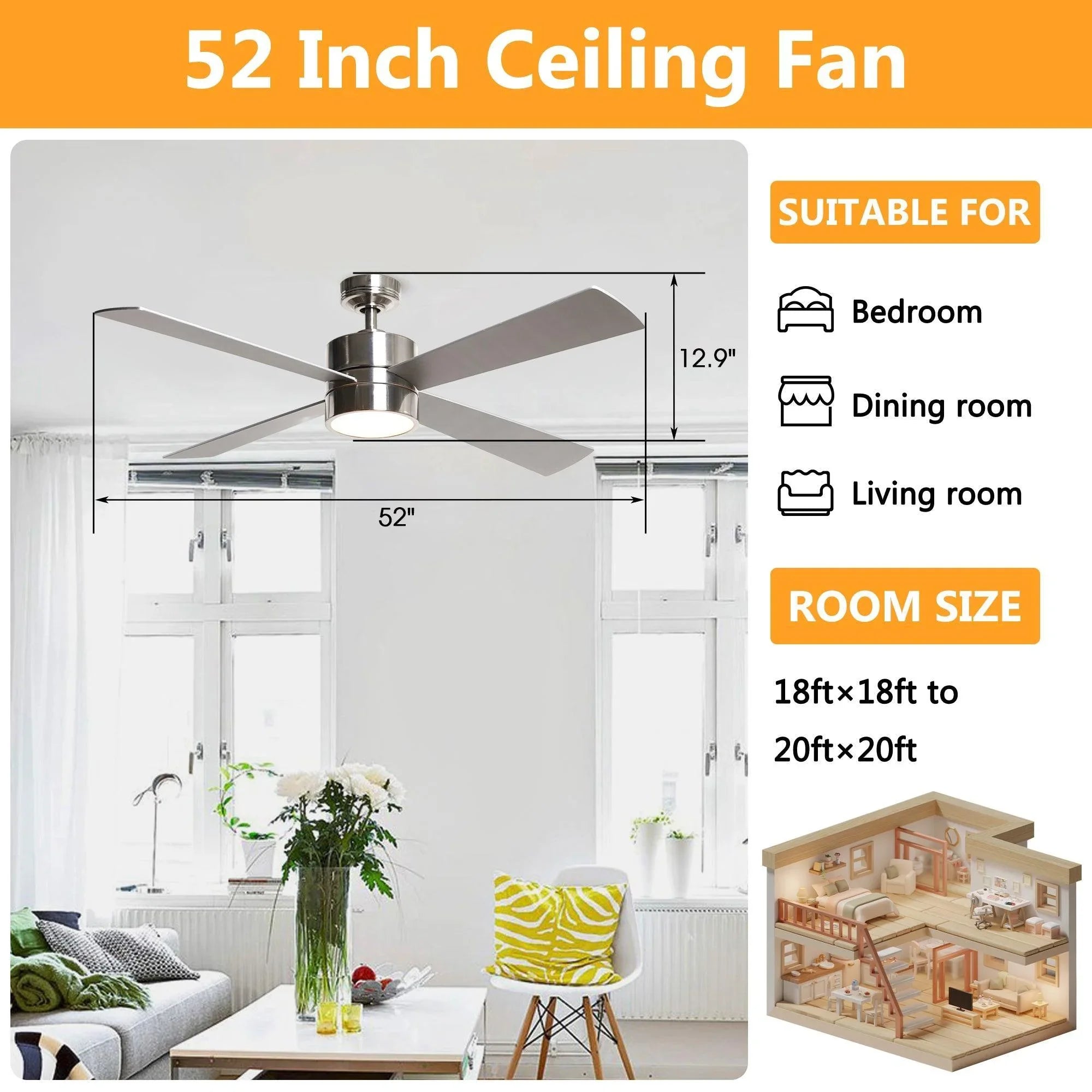 52-inch ceiling fan with 5 blades and integrated LED light, suitable for multiple rooms