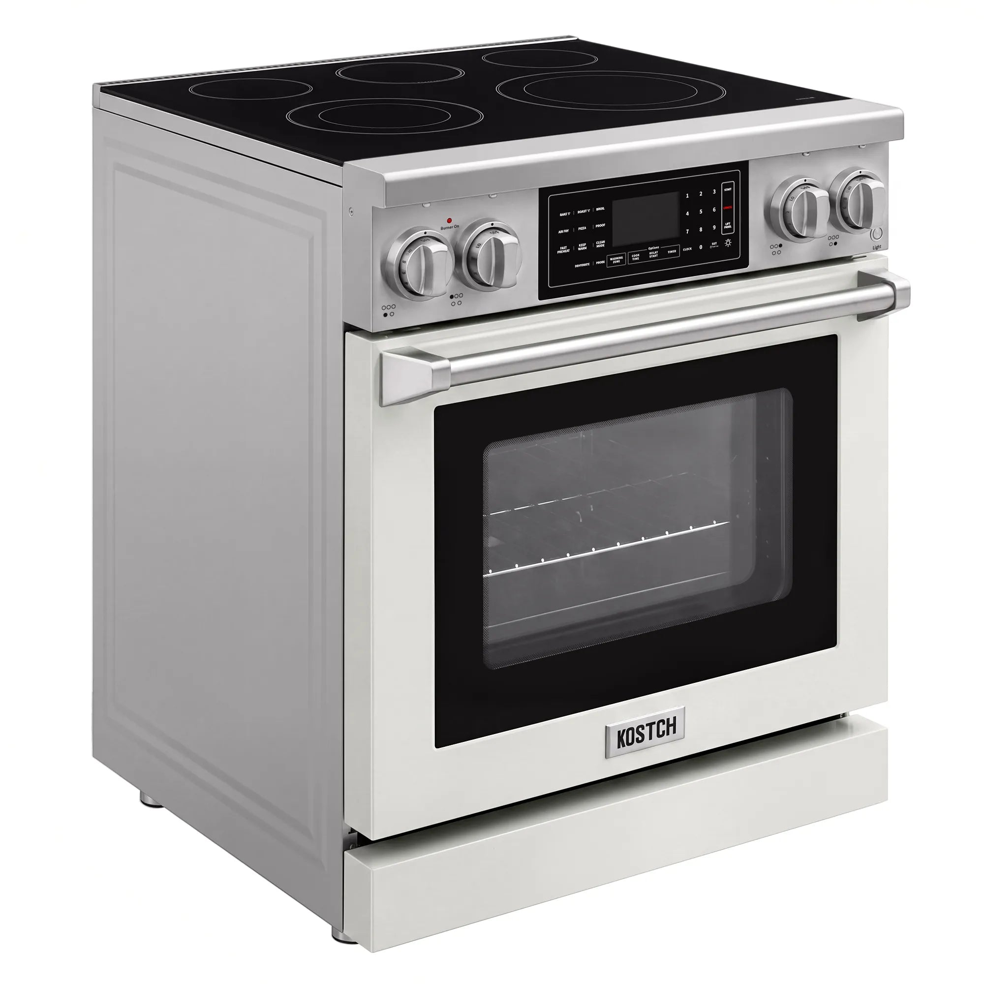White electric range with black glass cooktop, knobs, and oven door