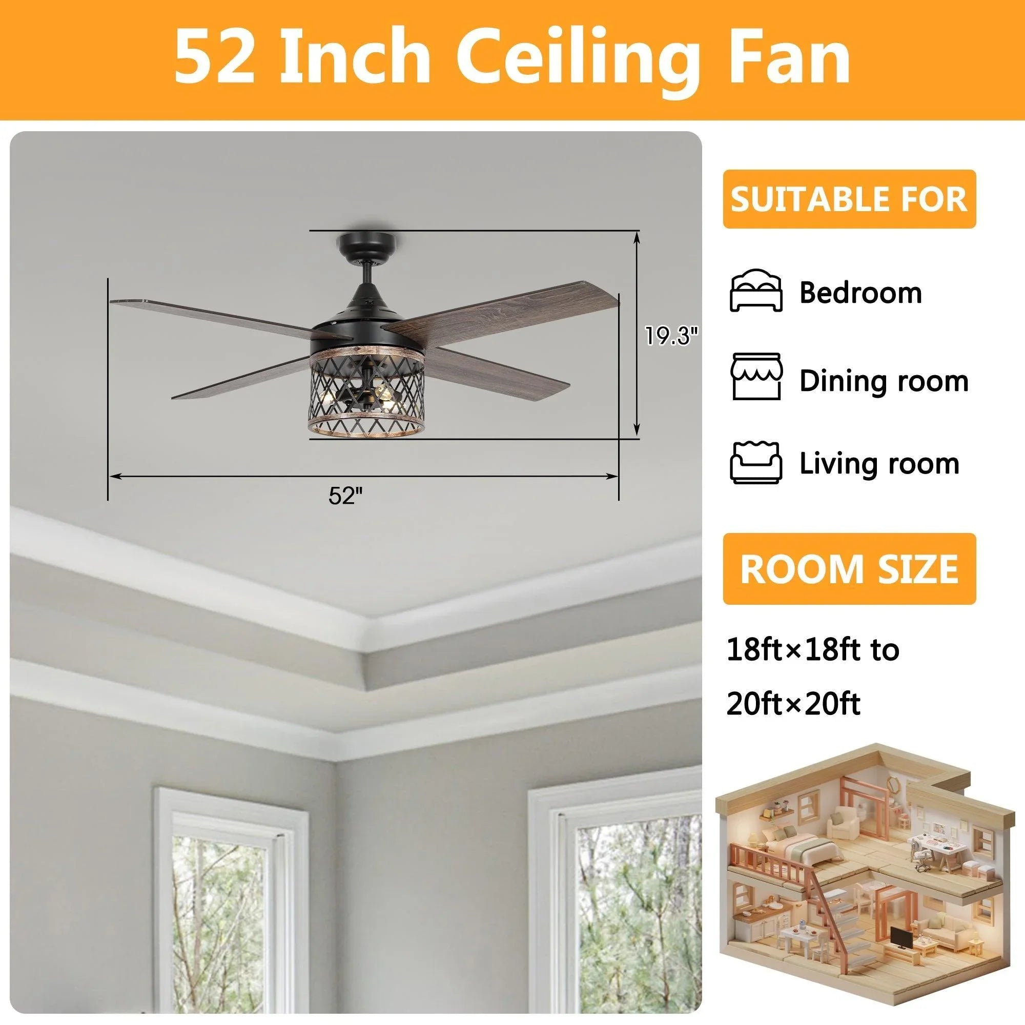 52-inch ceiling fan with light kit, black housing, five wood-grain blades and downrod mount