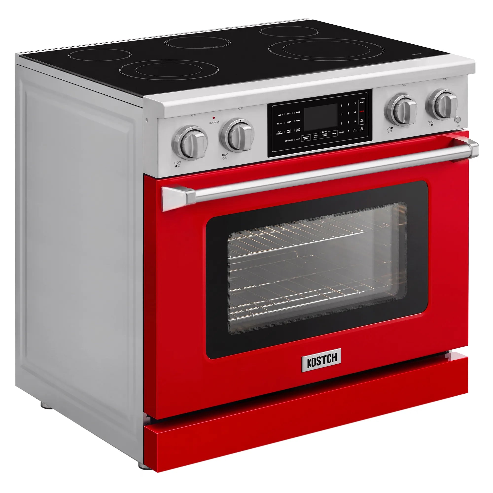 Electric range with cooktop, oven window, and red lower door trim on white body
