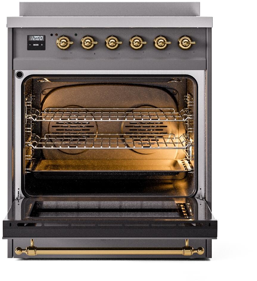 Freestanding induction electric range with open oven door, racks, and brass side handle