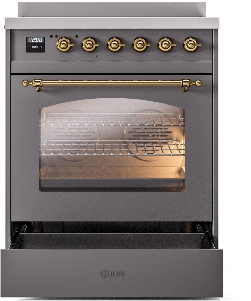 Matte graphite induction electric range with brass oven handle and control knobs