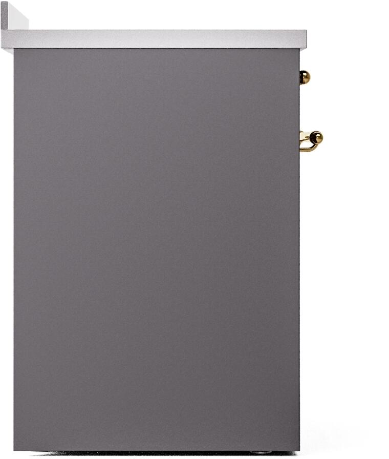 Matte graphite range body panel with top trim and brass handle hardware