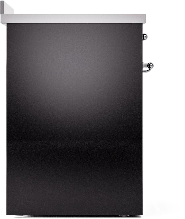 Glossy black side panel of a freestanding electric induction range with chrome mounting hardware