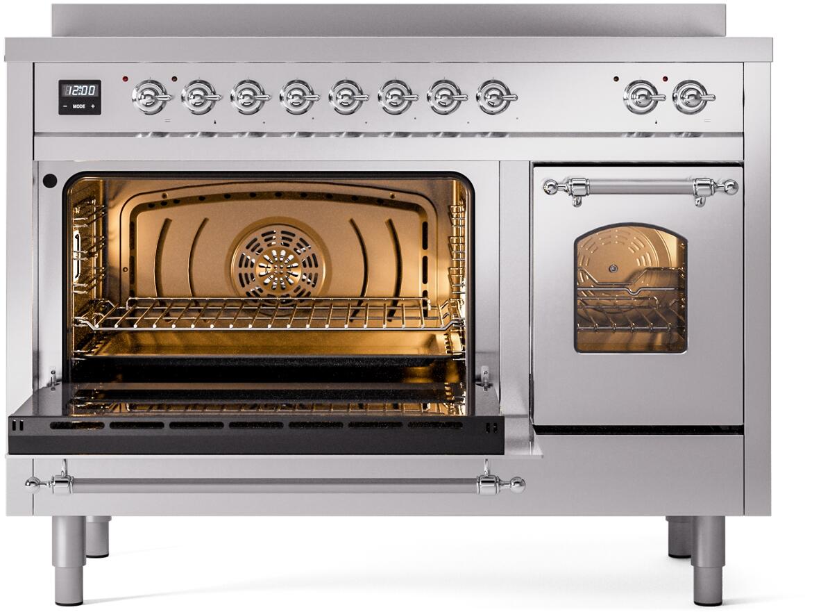 Stainless steel induction electric range with open oven doors and chrome handle trims