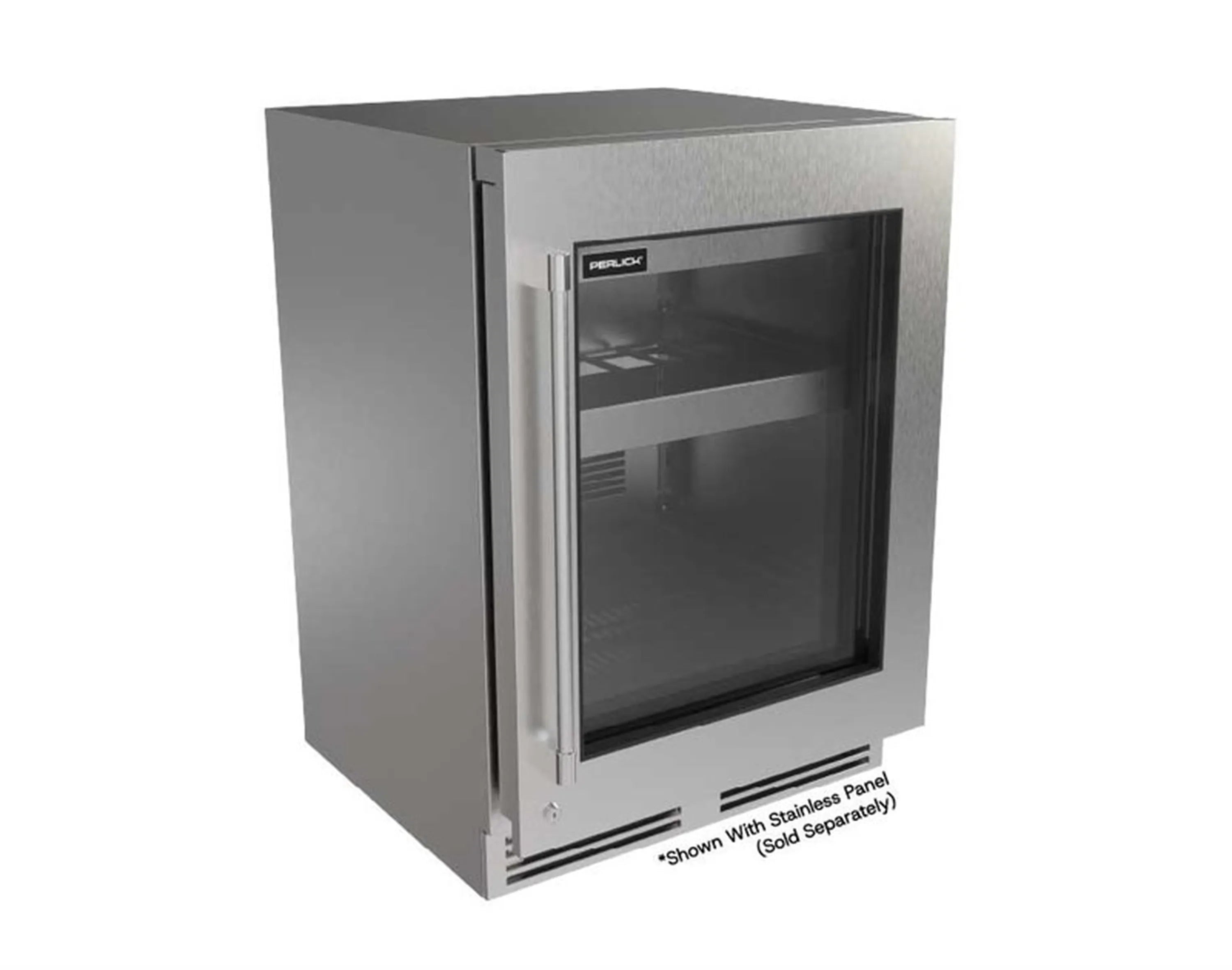 Perlick panel-ready beverage center with black glass door and stainless steel cabinet