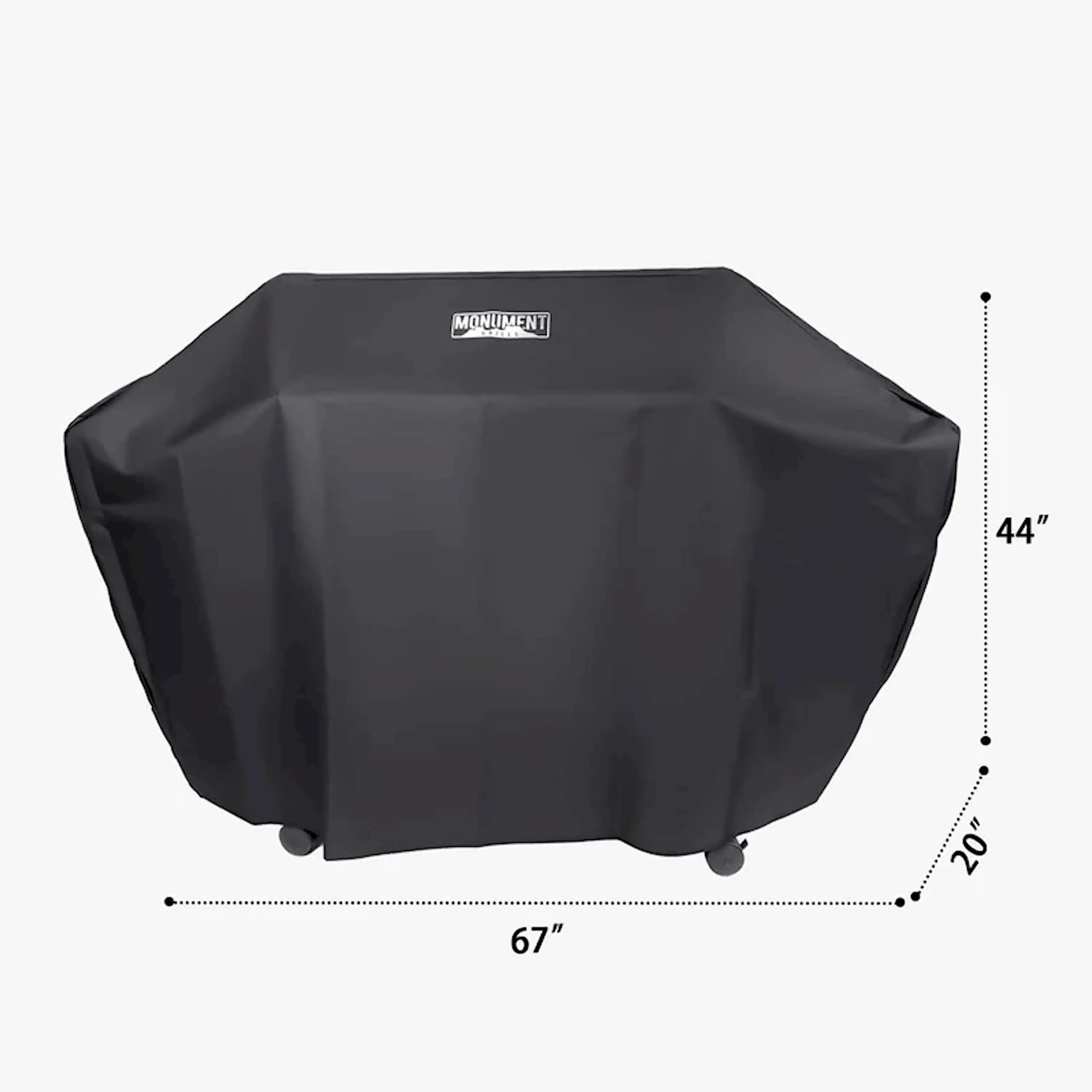 Black gas grill cover with dimensions 67 in wide, 44 in tall, 20 in deep