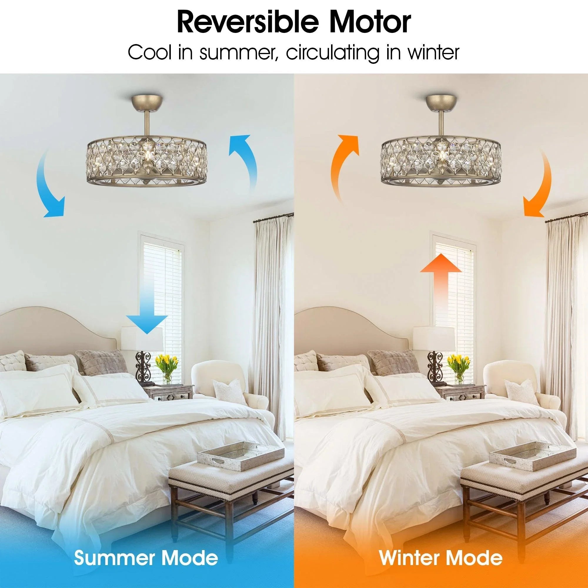 Golden crystal ceiling fan light showing reversible summer and winter airflow modes