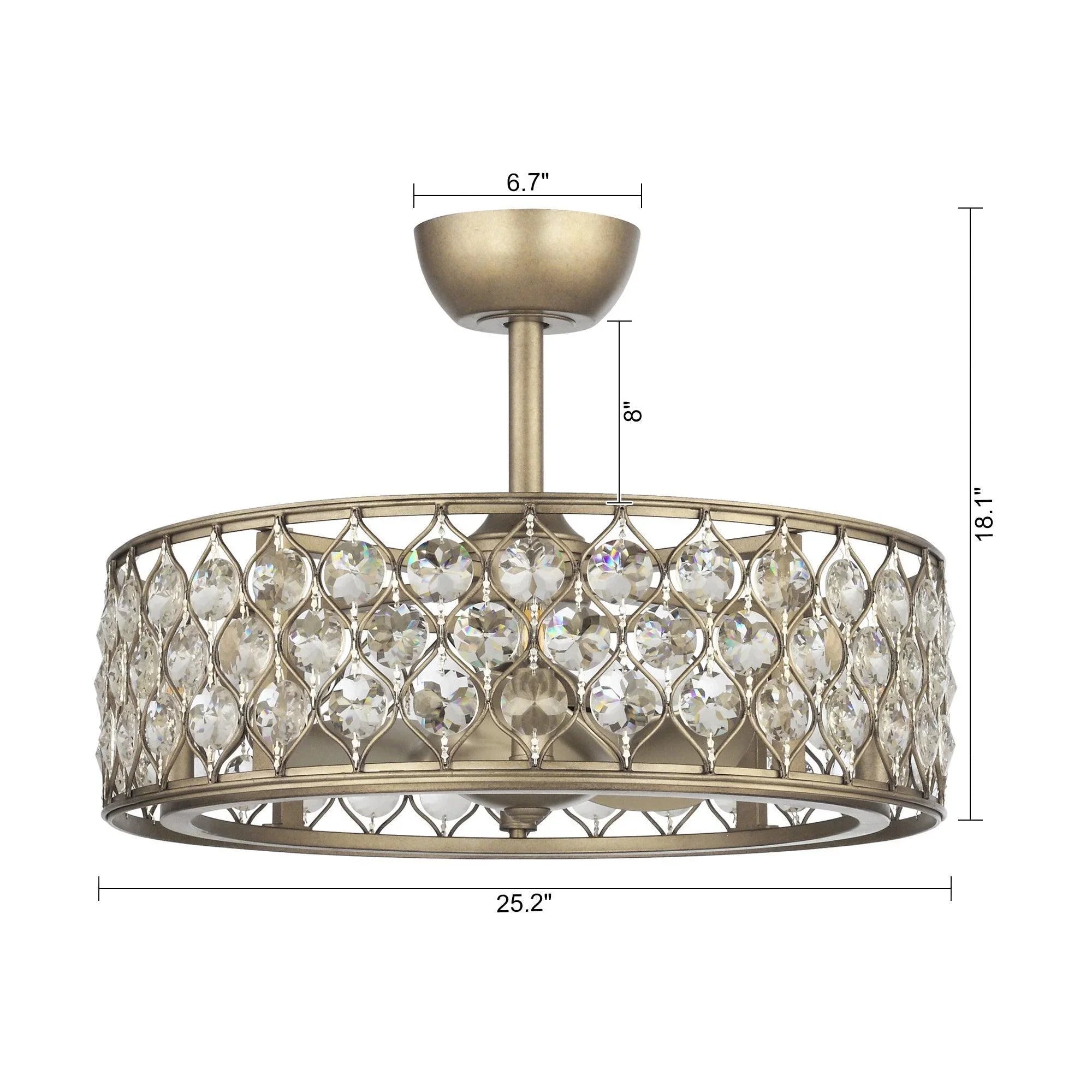 Golden modern crystal ceiling fan light fixture with circular drum design