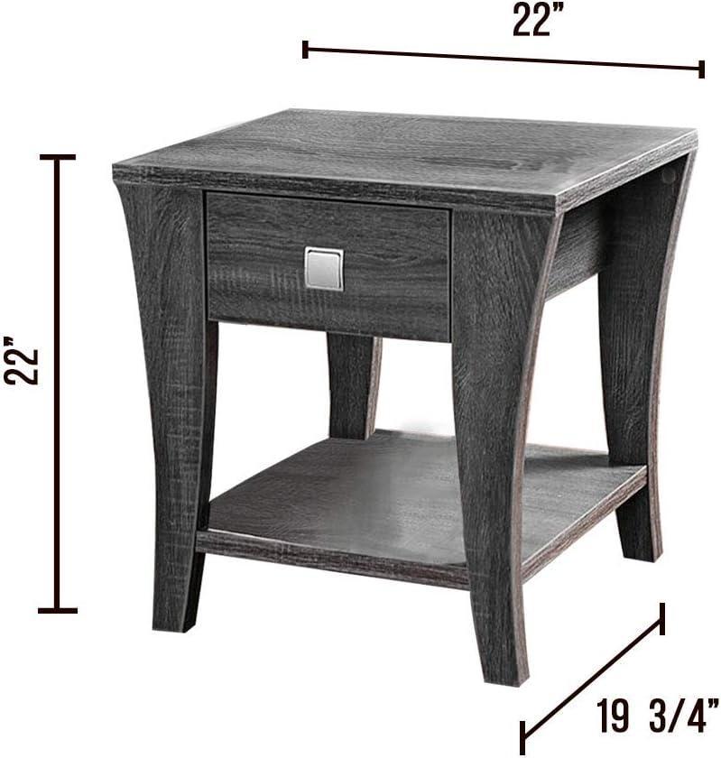 Gray end table with drawer and lower shelf; square silver pull centered on drawer front.