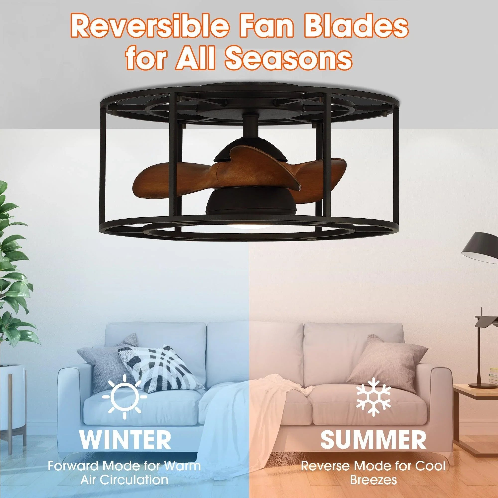 Black flush-mount ceiling fan with brown reversible blades and LED light