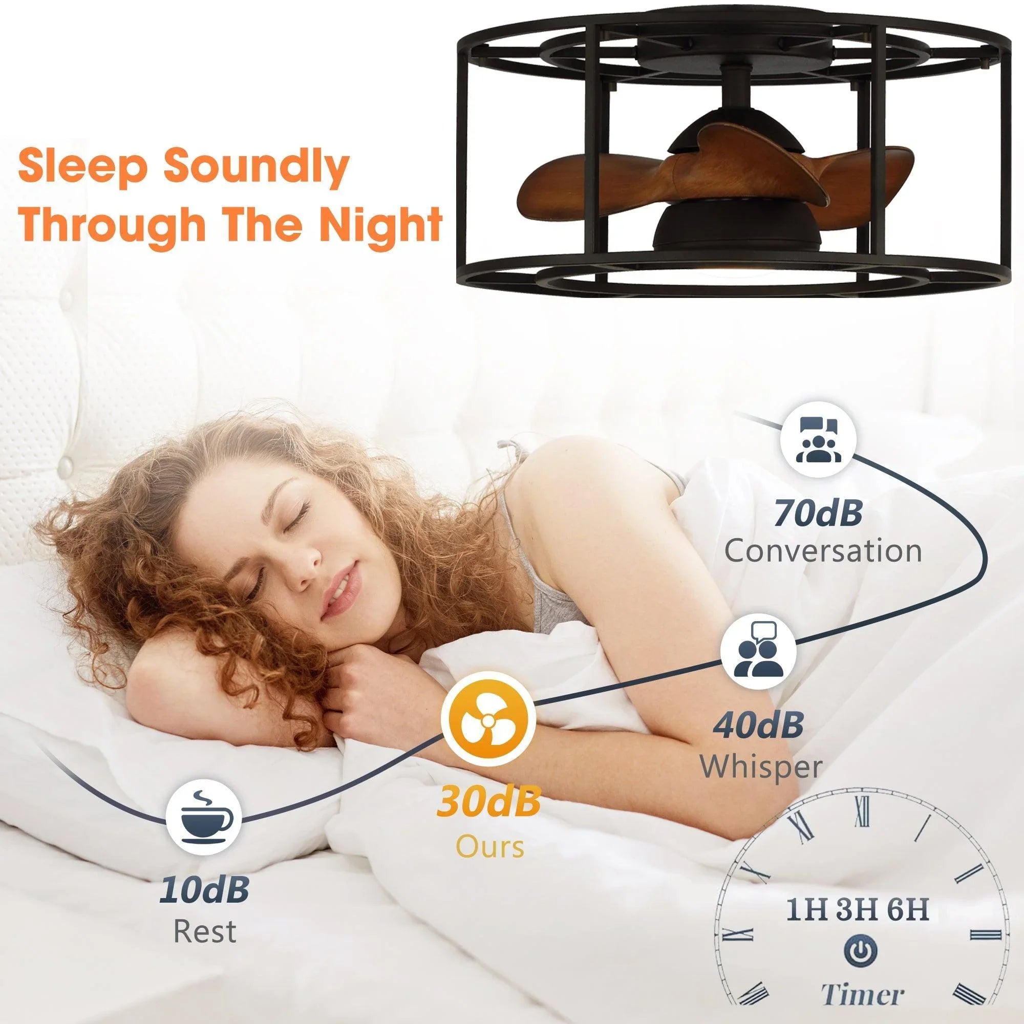 Black flush-mount ceiling fan with brown blades and integrated LED under mount