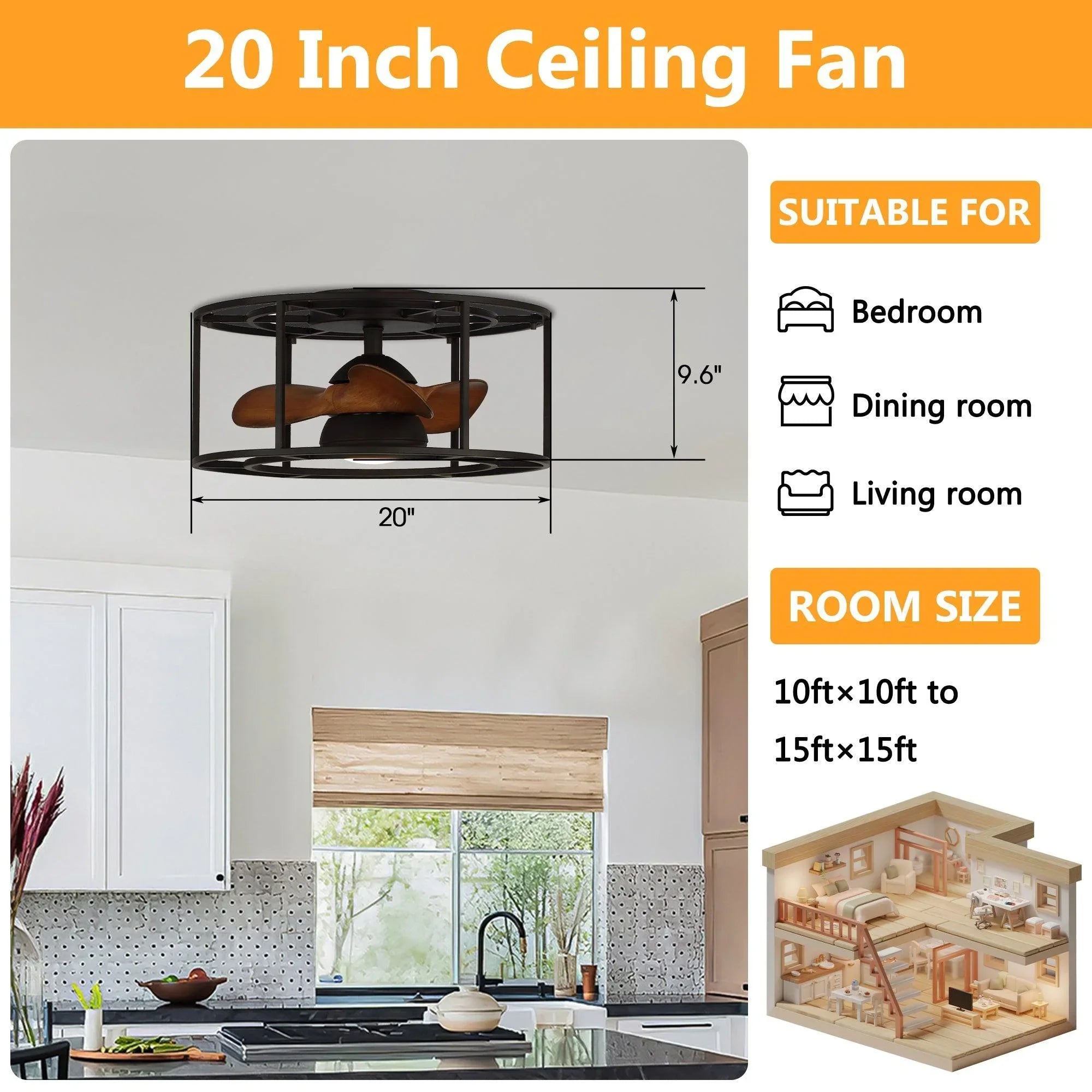 Black 20-inch ceiling fan with brown blades shown with size and room coverage