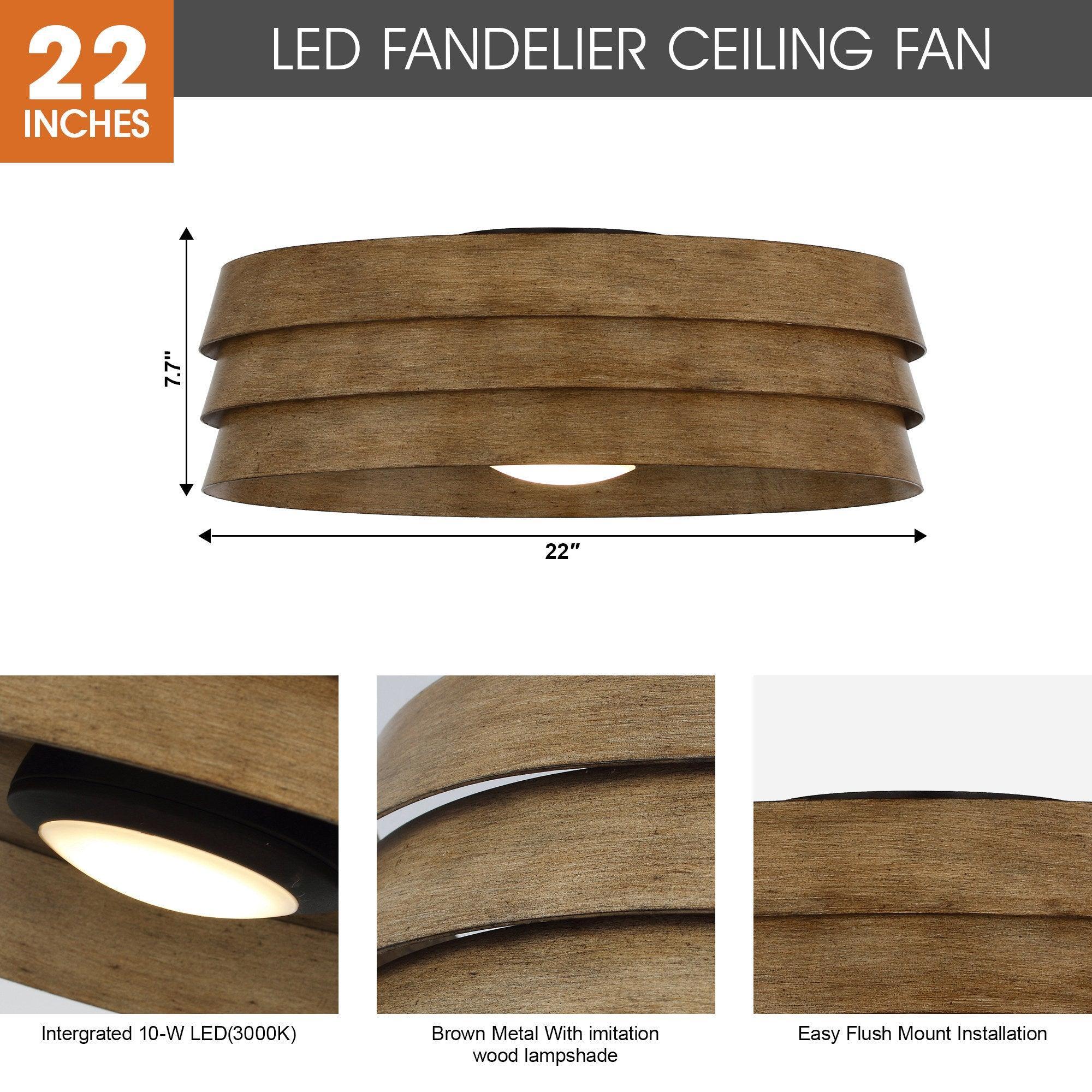 Brown 22-inch flush mount LED ceiling fan diagram with dimensions and installation features